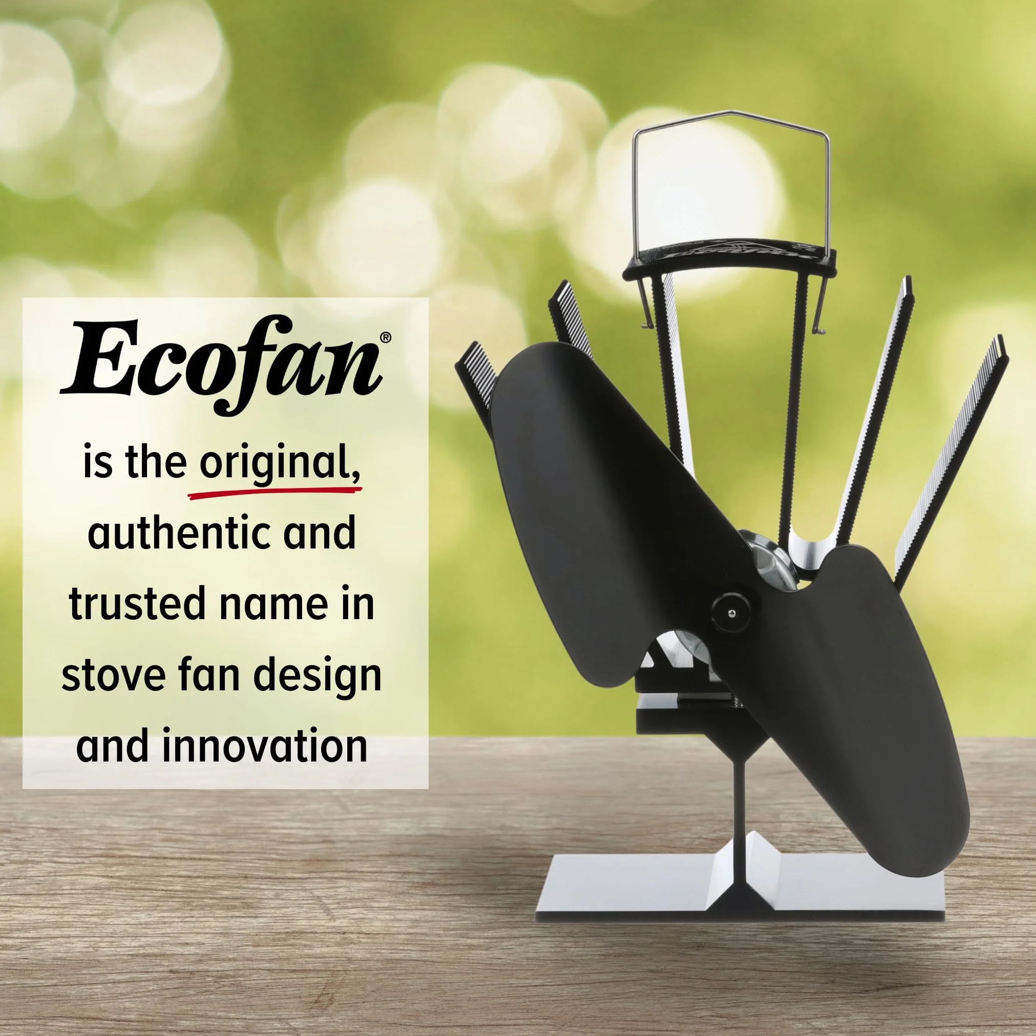 Ecofan Oryginalny mini, 815CAXBX, klasyczny styl, zasilany termicznie wentylator na drewno, 85 CFM, czarne ostrze 16,5 cm