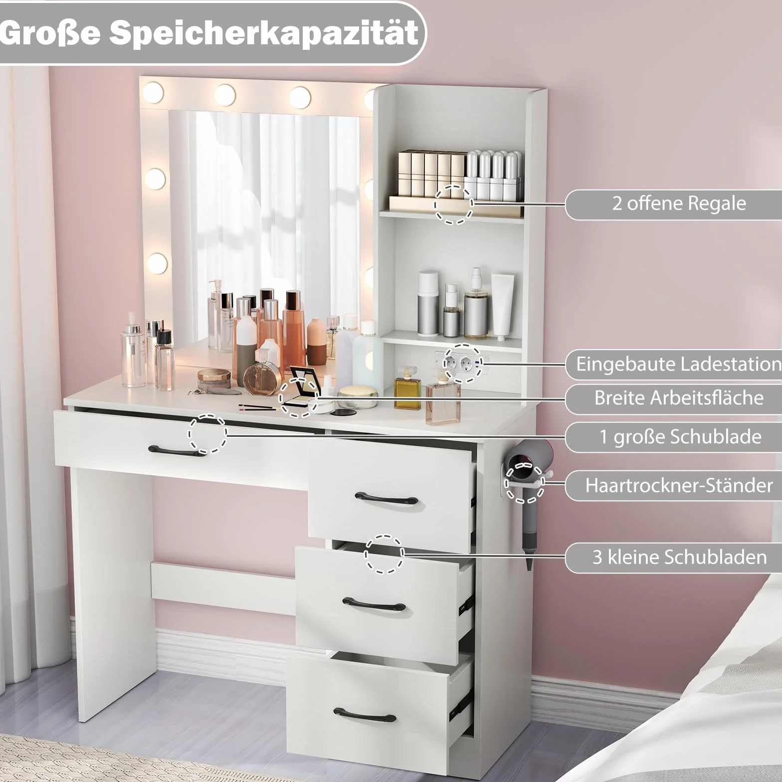 COSTWAY Toaletka z oświetleniem LED, 3 kolory z regulacją jasności, ze stacją ładującą, lustrem, szufladami, otwartymi półkami i uchwytem na suszarkę do włosów, biała