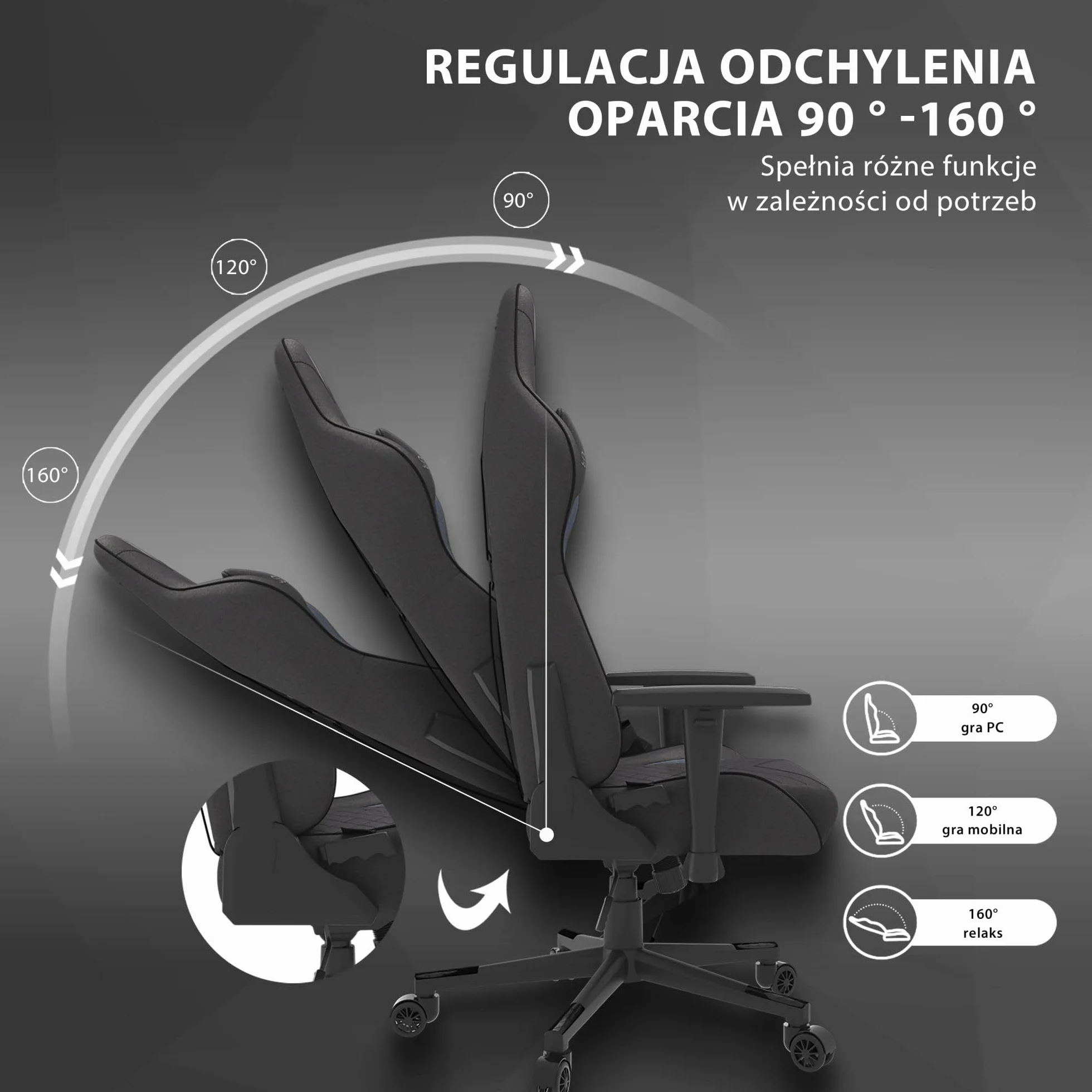SENSE7 Spellcaster krzesło biurowe dla graczy ergonomiczne stalowa rama regulowane 43-52x69,5x57 cm czarno-szare