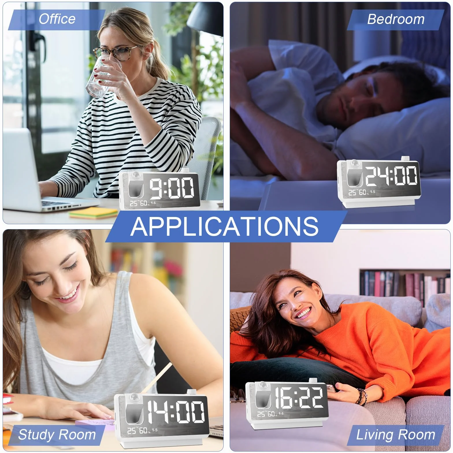 Cuteefun Budzik z projekcją LED 7" temperatura wilgotność 3 poziomy jasności 12/24 h 2 czasy budzenia biały