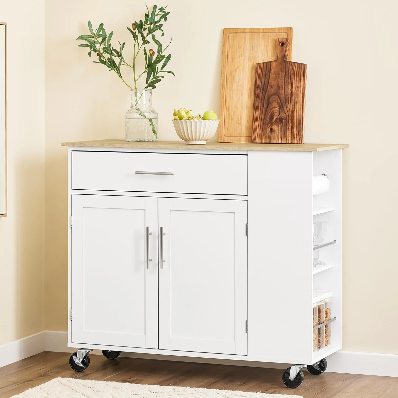 SoBuy Wyspa Kuchenna na Kółkach Mobilny Wózek Kuchenny z Szufladą Regulowaną Półką Biały 99x40x85 cm FKW133-WN