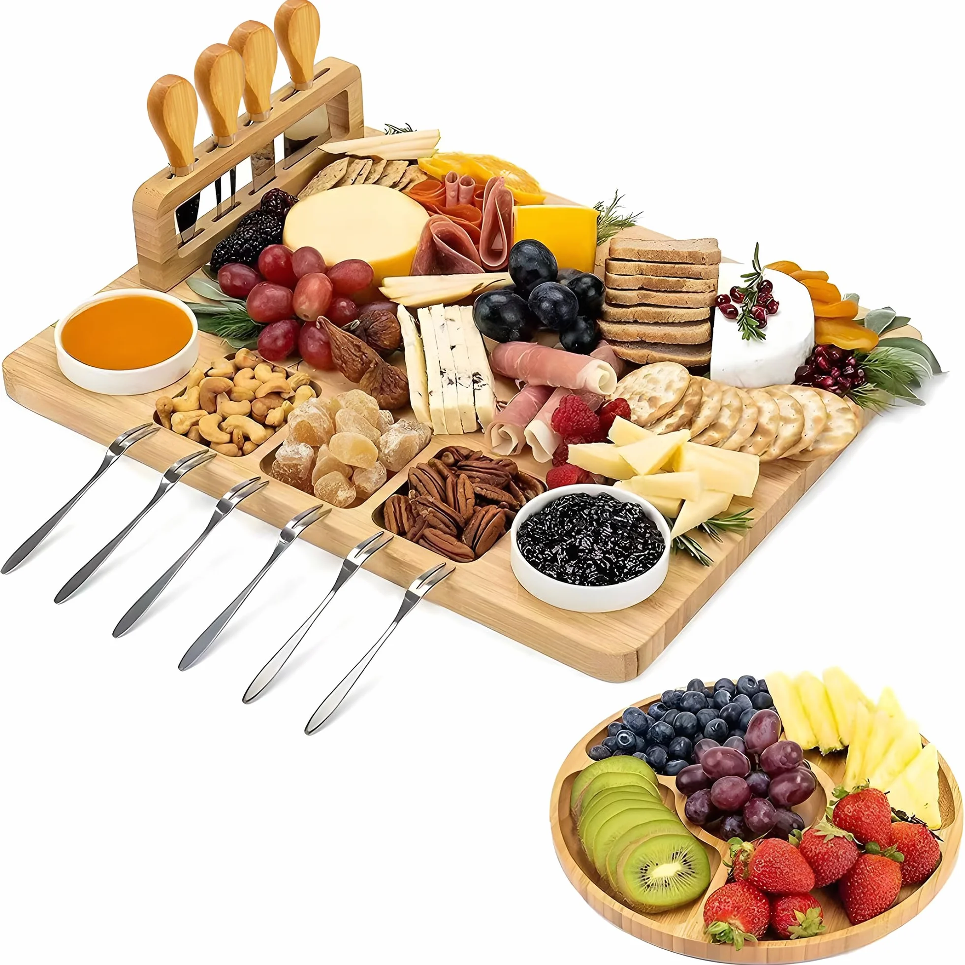 Zestaw Bambusowych Desek Do Serów Z Nożami I Widelcami – Drewniana Deska Wędlin Z Dodatkową Tacą Serwowania | Półmisek Do Tapas, Owoców I Mięsa