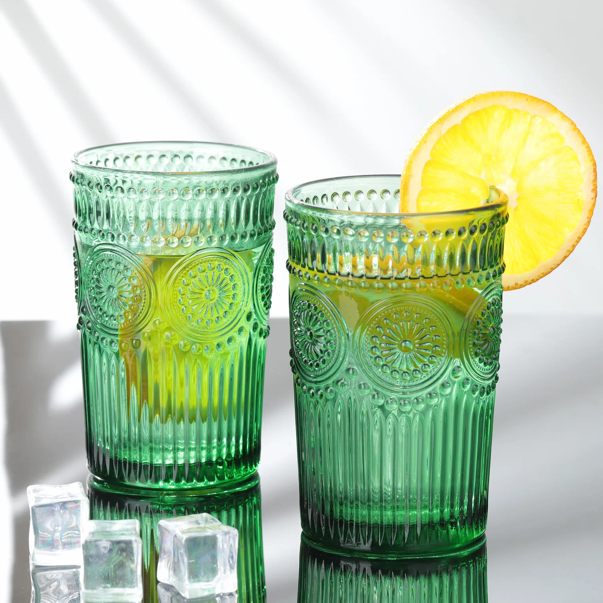 Joeyan Zielone szklanki vintage tłoczone kubki na wodę zestaw 4 sztuk 350 ml
