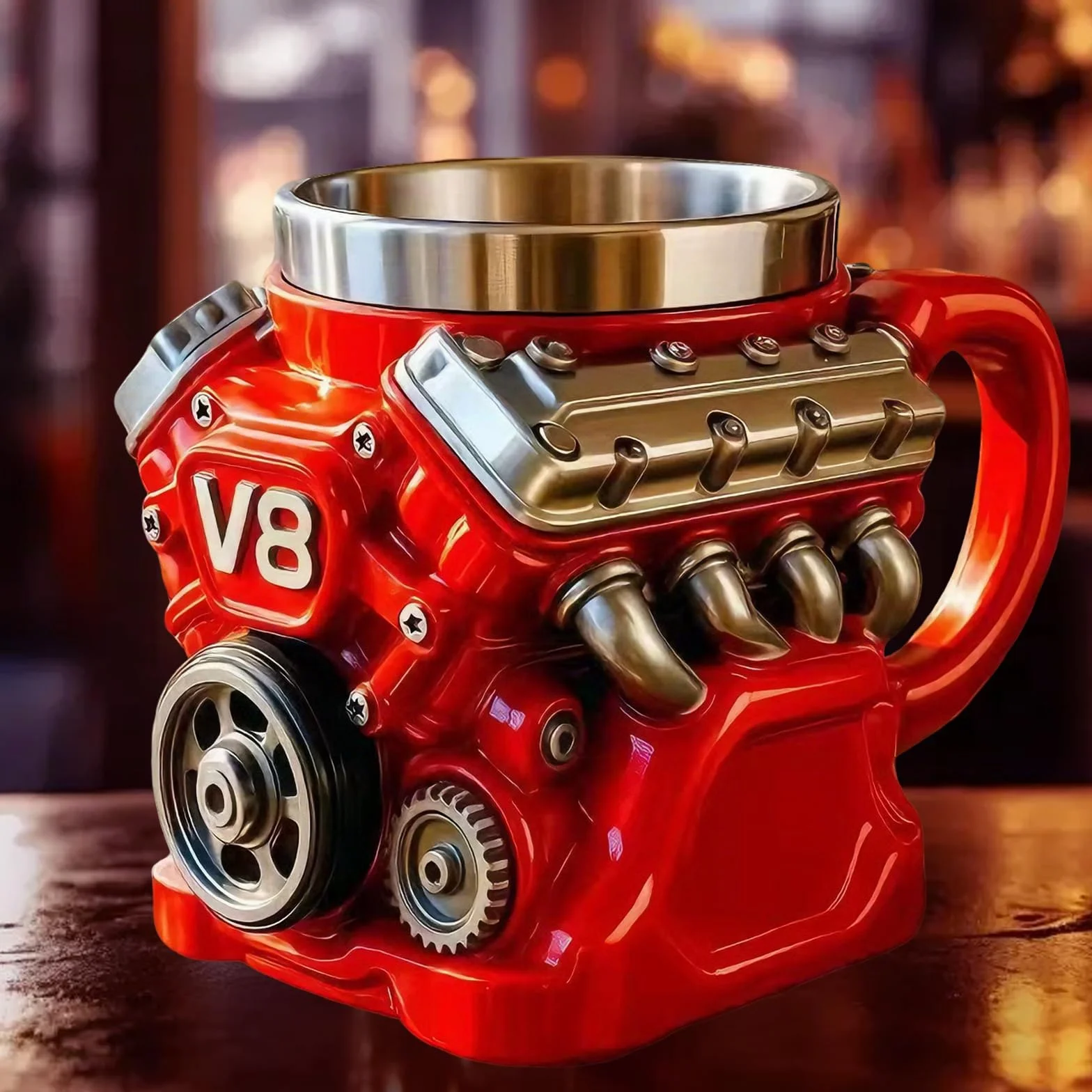 V8 Kubek do kawy z silnikiem V8 ze stali nierdzewnej, podwójne ścianki, izolowany, szczegółowy design, idealny prezent dla mężczyzn i taty