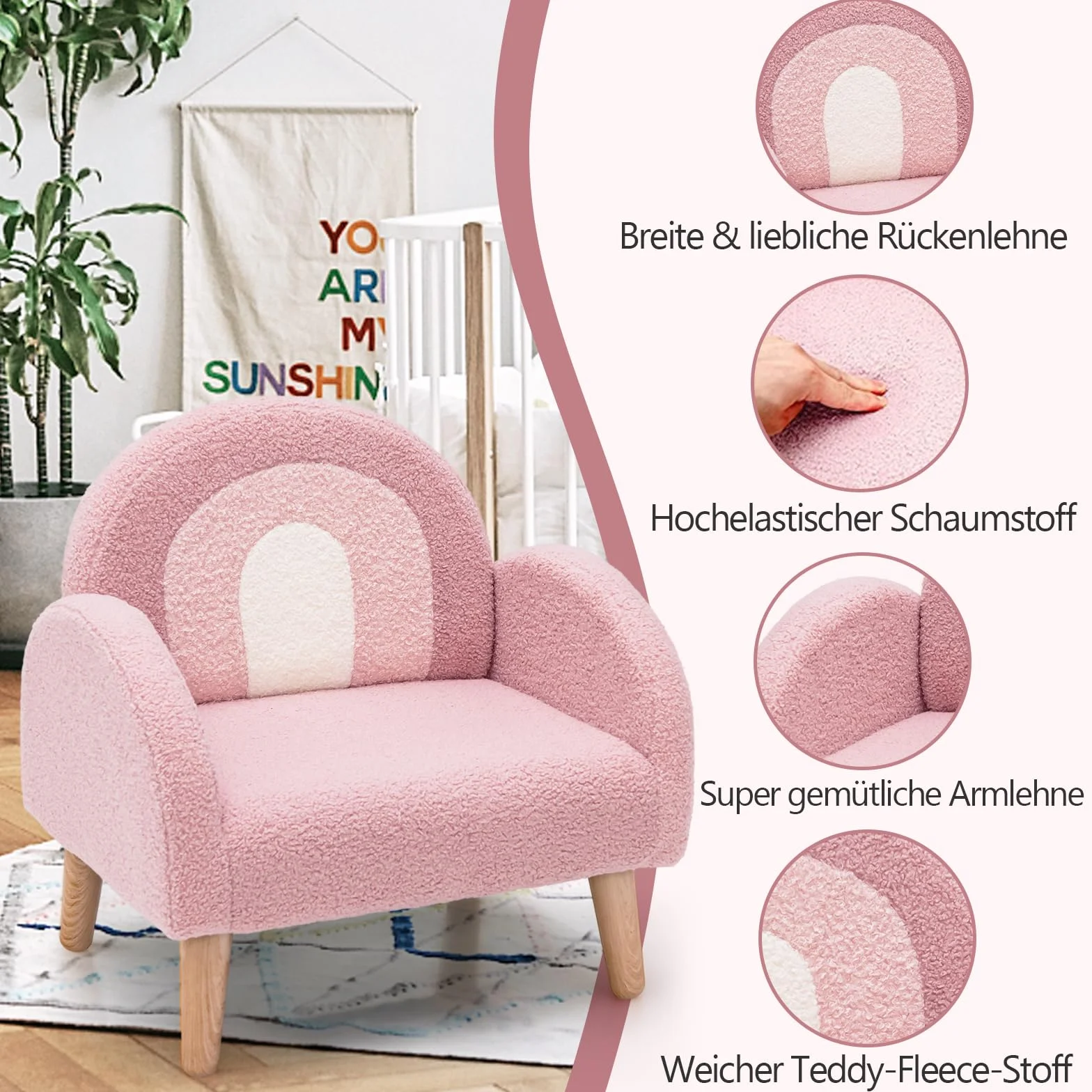 COSTWAY Krzesło dziecięce dla małych dzieci, wyściełana sofa dziecięca z nogami z litego drewna, kanapa dziecięca krzesło dziecięce do pokoju dziecięcego, pokoju zabaw i żłobka (krzesło sofa, różowe)
