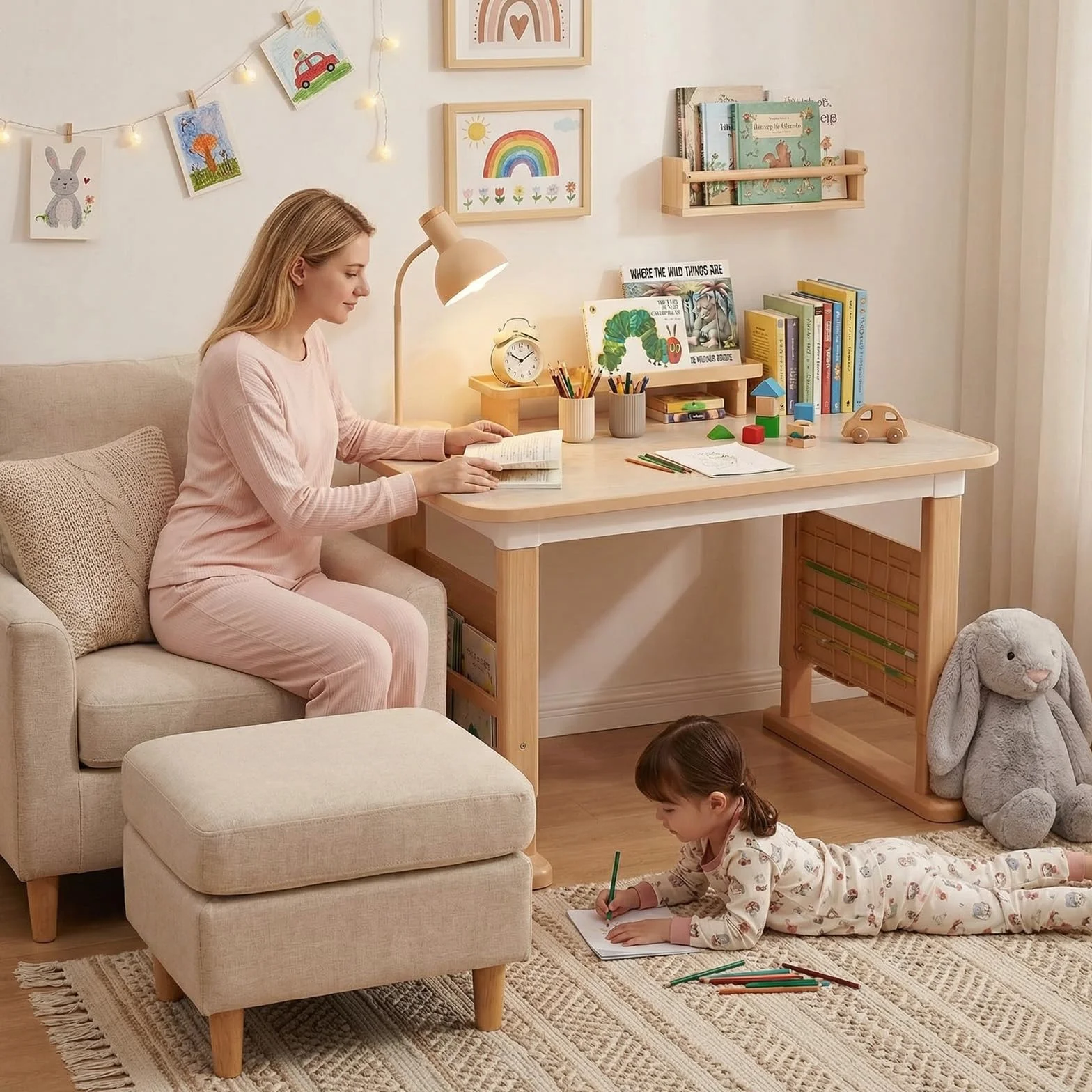 MAMIZO Biurko dziecięce z regulacją wysokości z zestawem krzeseł, stół graffiti w wieku 3-12 lat, biurko dla dzieci z bocznym regałem na książki i schowkiem, idealne do pokoju dziecięcego i gabinetu