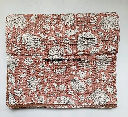 Indyjski blok na rękę, kwiatowy nadruk, ręcznie robiona bawełna Kantha, pikowanie, boho, narzuta, koc, hipisowska królowa, rozmiar king size, boho, blok Kantha, kołdra, 152 x 228 cm