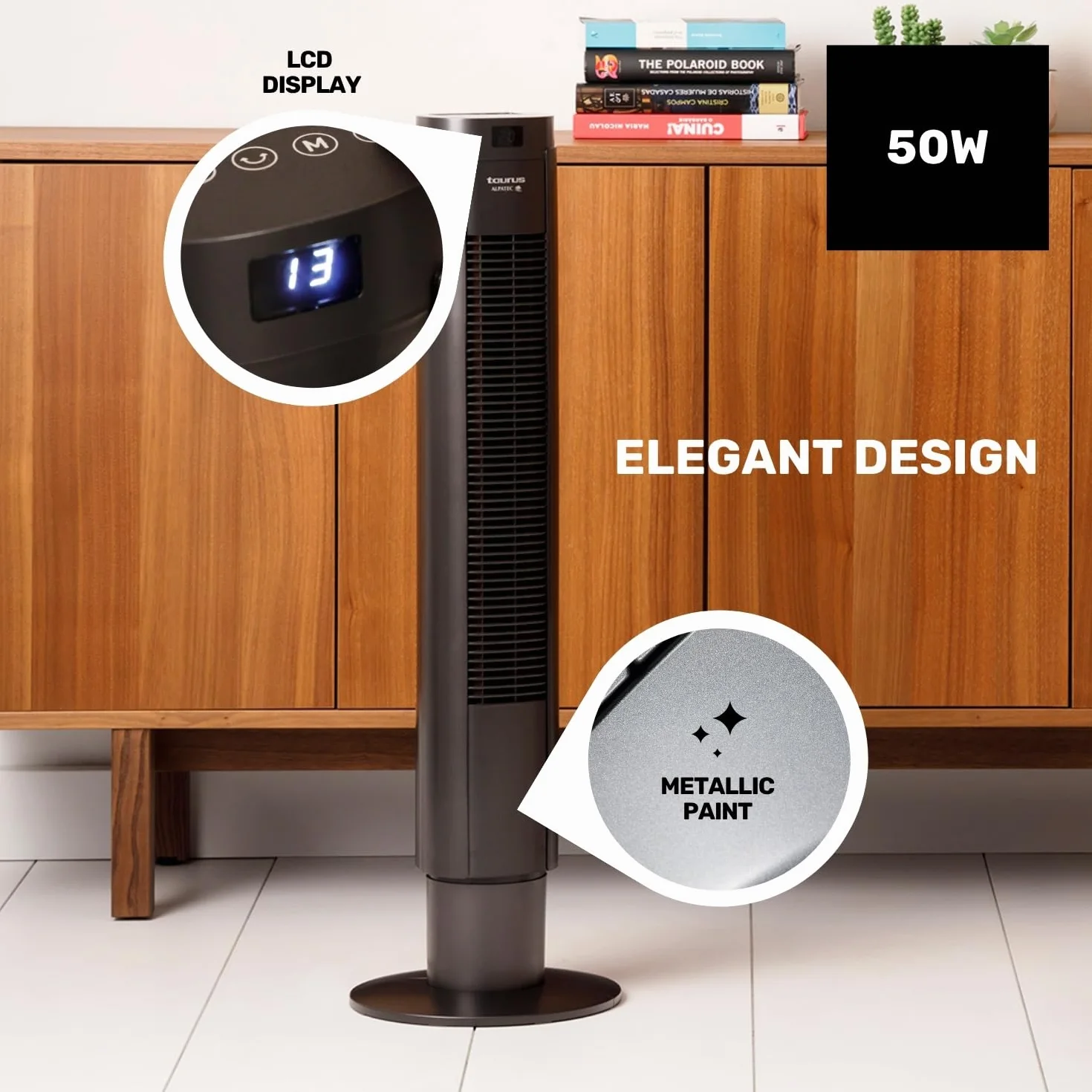 TAURUS BABEL II RCH - Wentylator wieżowy, 50W, wysokość 86 cm, 4 prędkości, 3 tryby pracy, 7,5h timer, oscylacyjny, dotykowy, cyfrowy wyświetlacz, pilot zdalnego sterowania