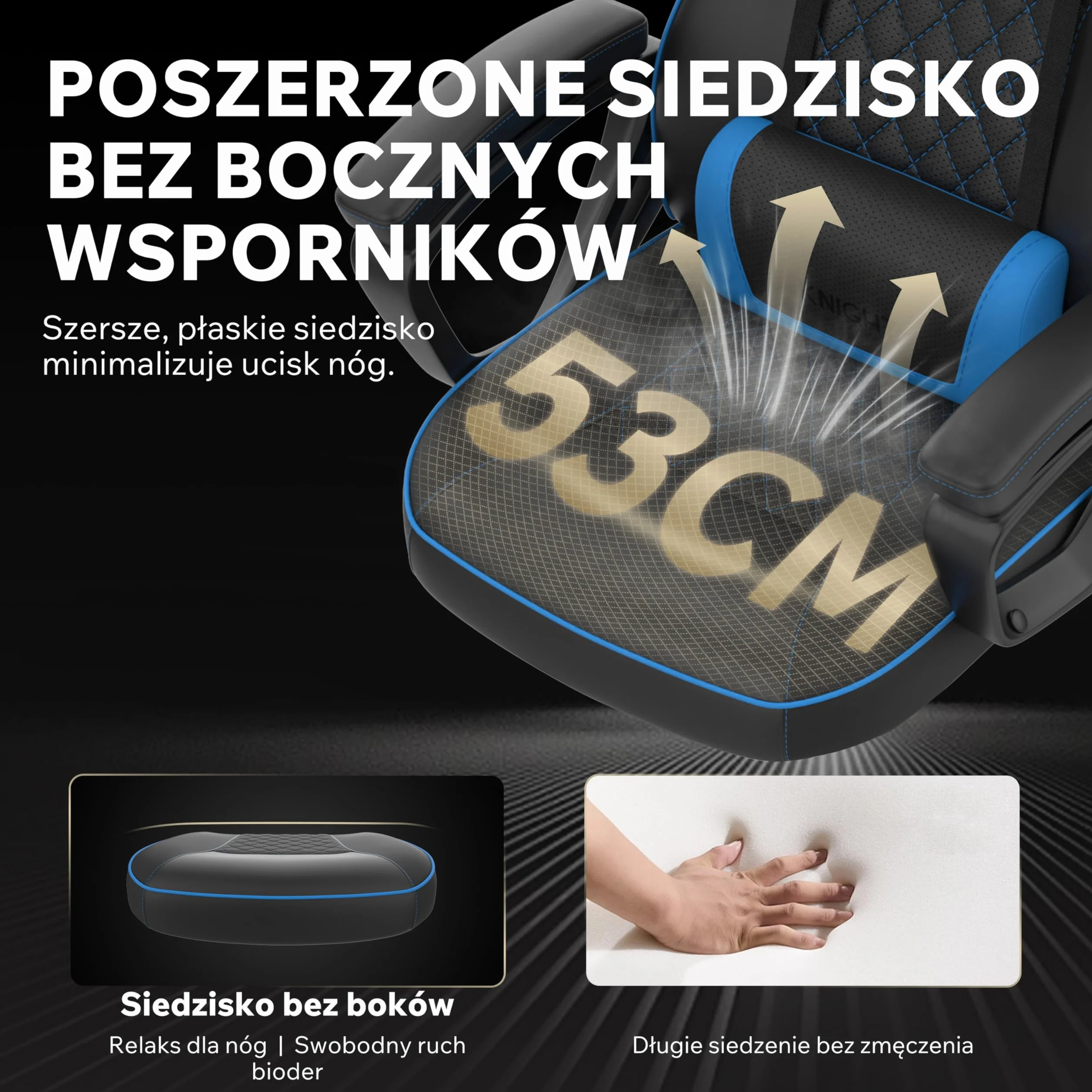 SENSE7 Knight ergonomiczny fotel gamingowy z regulowaną poduszką lędźwiową, skóra PU, do 120 kg, czarno-niebieski
