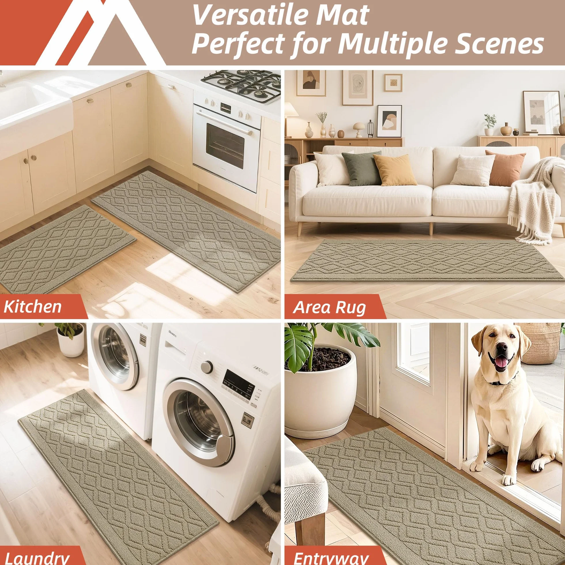 COSY HOMEER 48x20 Inch/30X20 Inch Kitchen Rug Mats Made of 100% Polypropylene 2 Pieces Soft Kitchen Mat Specialized in Anti Slippery and Machine Washable for Home Kitchen,Beige