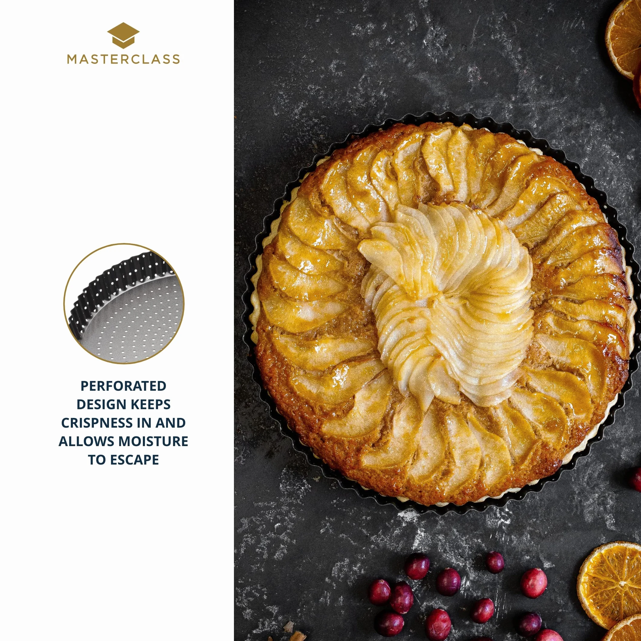 MasterClass Crusty Bake 20 cm perforowana forma do quiche z powłoką nieprzywierającą bez PTFE, PFOA i BPA, solidne dno o grubości 1 mm ze stali węglowej, karbowana, szara