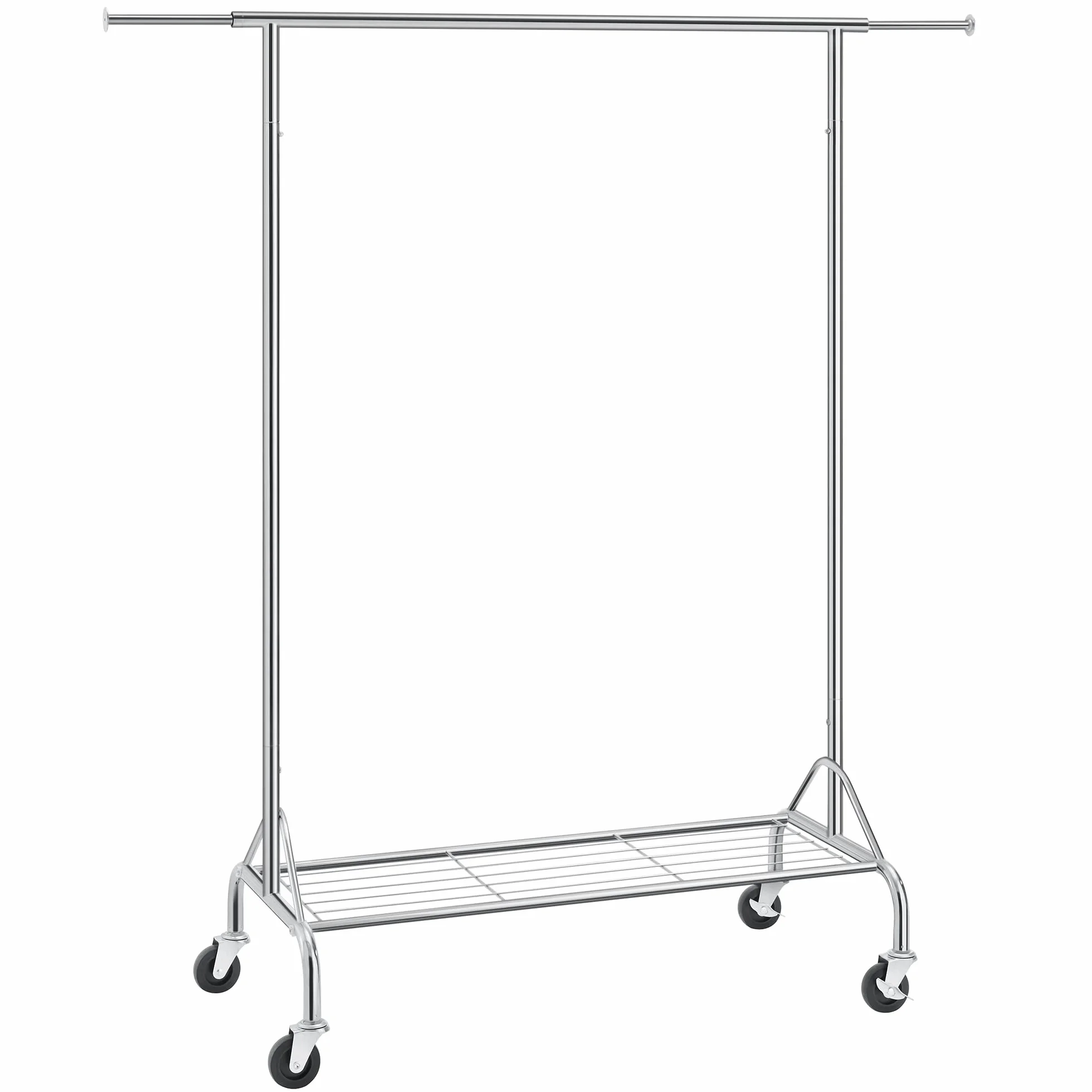 SONGMICS Wieszak na ubrania z metalu, do dużych obciążeń, z półką na buty, na kółkach, obciążenie do 50 kg, długość 110,5 – 150,5 cm, chromowany, HSR02S