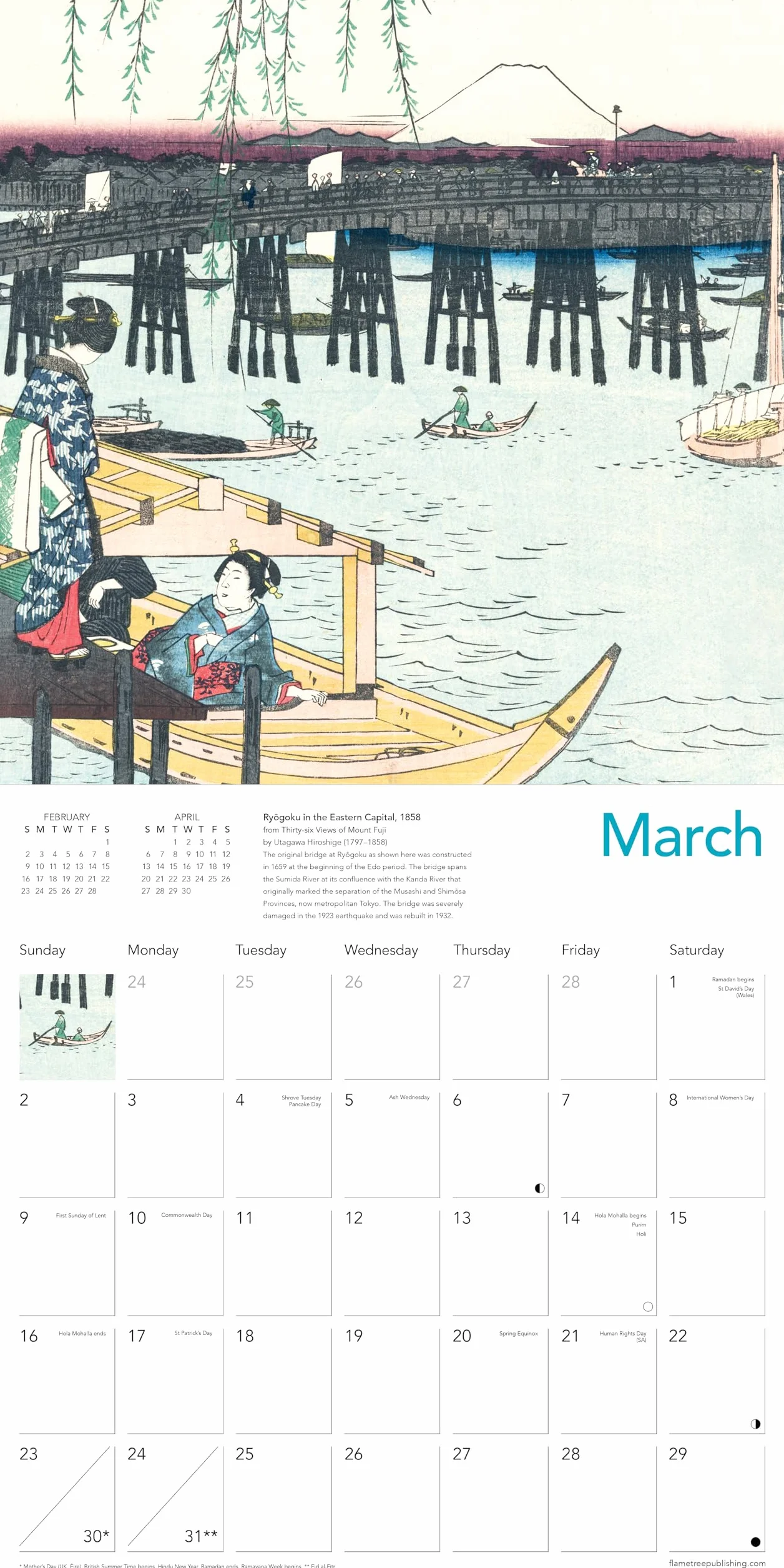 Japanese Woodblocks Wall Calendar 2025 (Art Calendar): Original Flame Tree Publishing-Kalender [Kalender]