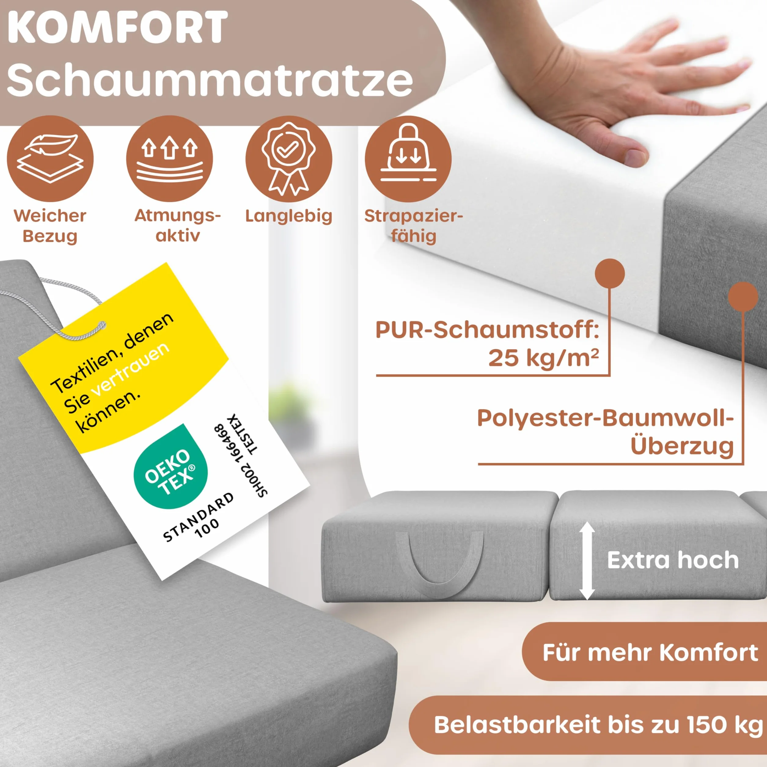 KESSER Składany materac, 90 x 200 x 15 cm, 3-krotnie składany, do pufy do siedzenia, składany materac piankowy, 25 kg/m³, bardzo gruby, 15 cm, oddychający, nadaje się do prania, zdejmowany pokrowiec