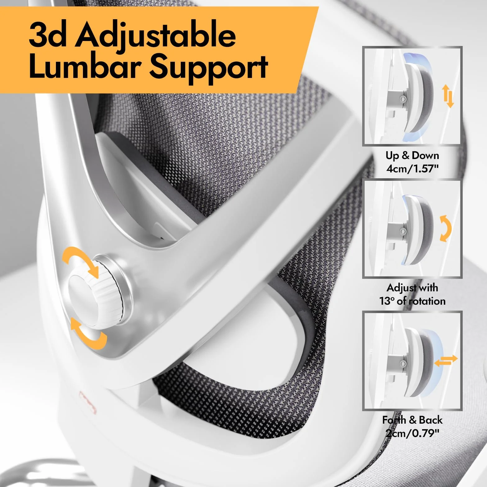 HOLLUDLE Ergonomiczne Krzesło Biurowe z Podparciem Lędźwiowym 3D Podłokietnikami 3D Białe