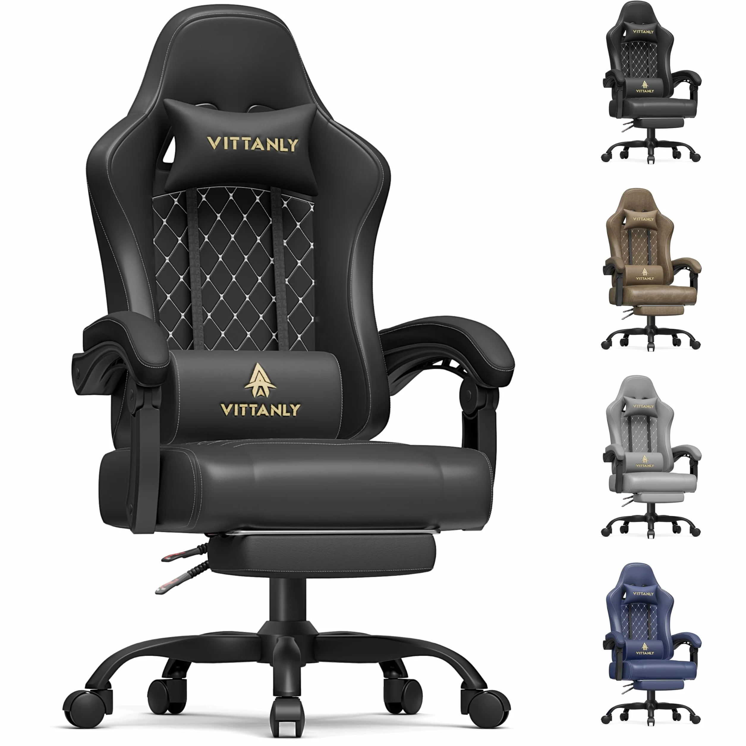 Vittanly Fotel gamingowy z poduszką wiosenną, ergonomiczny fotel gamingowy z zagłówkiem, poduszką lędźwiową i podnóżkiem, obrotowy fotel gamingowy z regulacją wysokości, 150 kg, czarny