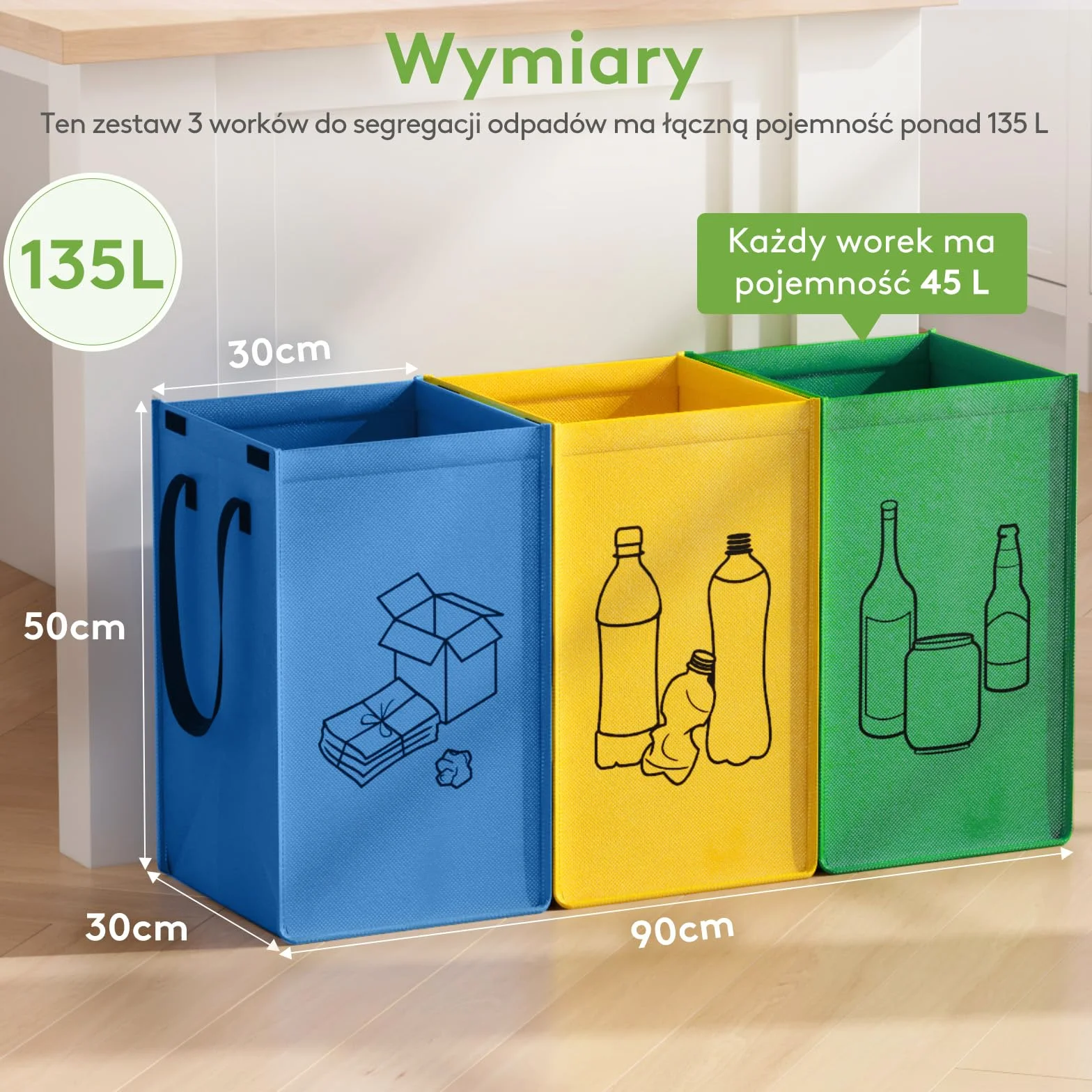 Lifewit System segregacji śmieci do kuchni, 3 przegródki na papier, szkło i plastik, pojemniki z recyklingu, pojemnik na odpady i butelki na kaucję, 3 x 45 l, łatwe opróżnianie