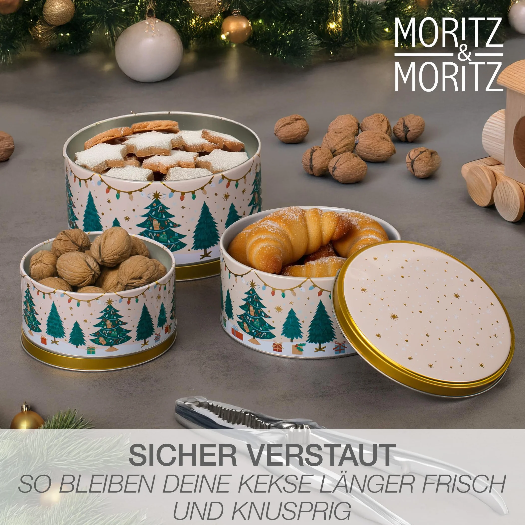 Moritz & Moritz Metalowa puszka na ciasteczka, na Boże Narodzenie, zestaw 3 sztuk, okrągła, blaszana puszka z pokrywką o świątecznym wzornictwie, pojemniki na ciasteczka, ciasteczka, wypieki i