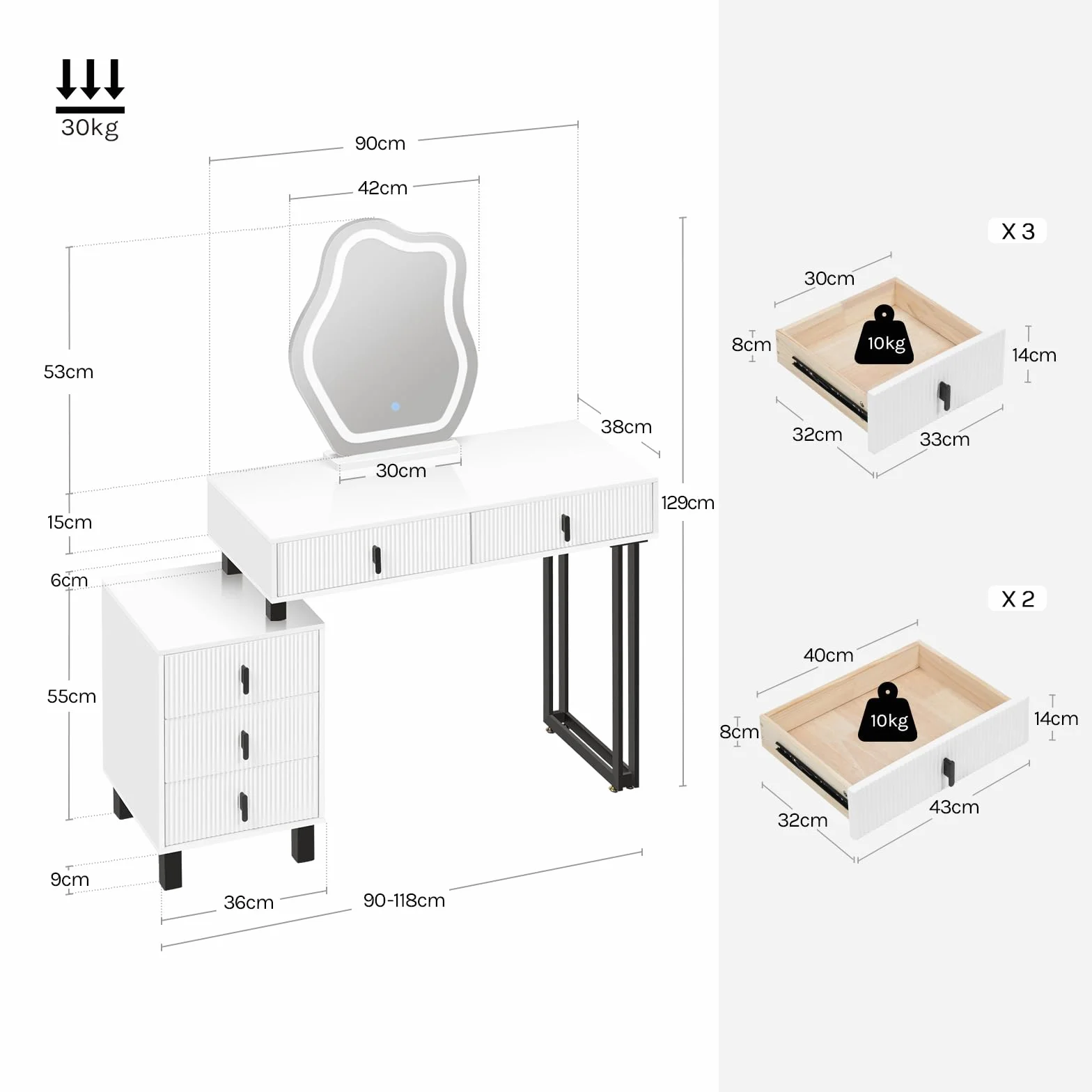 WOLTU MB6118ws-UK toaletka z przyciemnianym oświetleniem LED, biała toaletka z lustrem w kształcie chmury i 5 szufladami, stolik do makijażu z szafką boczną
