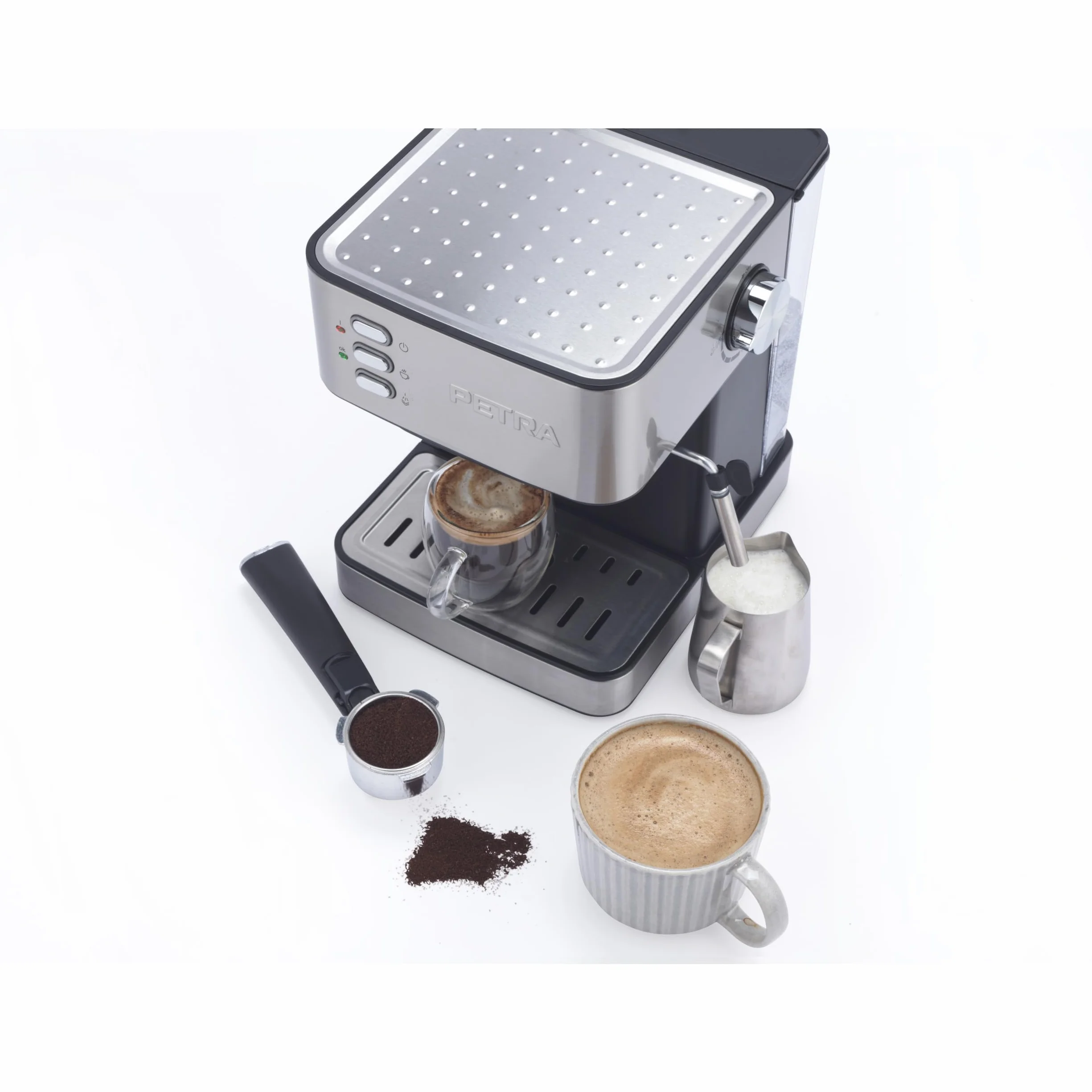 Petra Reczna maszyna do espresso z spieniaczem do mleka – kompatybilna z mielona kawa, 15-barowa wloska pompa cisnieniowa, odlaczany zbiornik na wode 1,6L, ubijak i portafilter, 850W, PT6137VDE