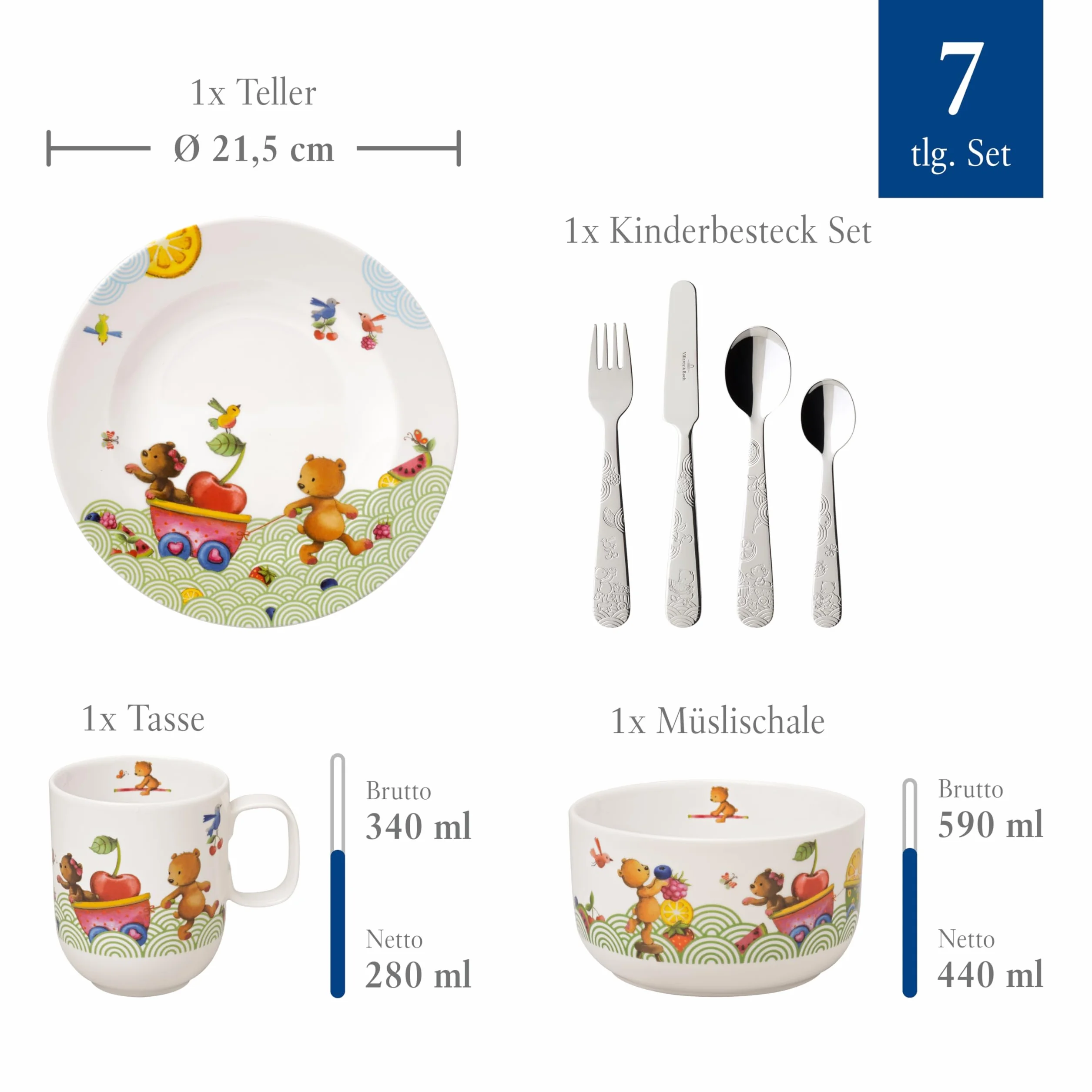 Villeroy & Boch – Hungry as a Bear, 7-cz. zestaw naczyń stołowych dla dzieci ze sztućcami, porcelana Premium, stal nierdzewna 18/10, biały/wielokolorowy