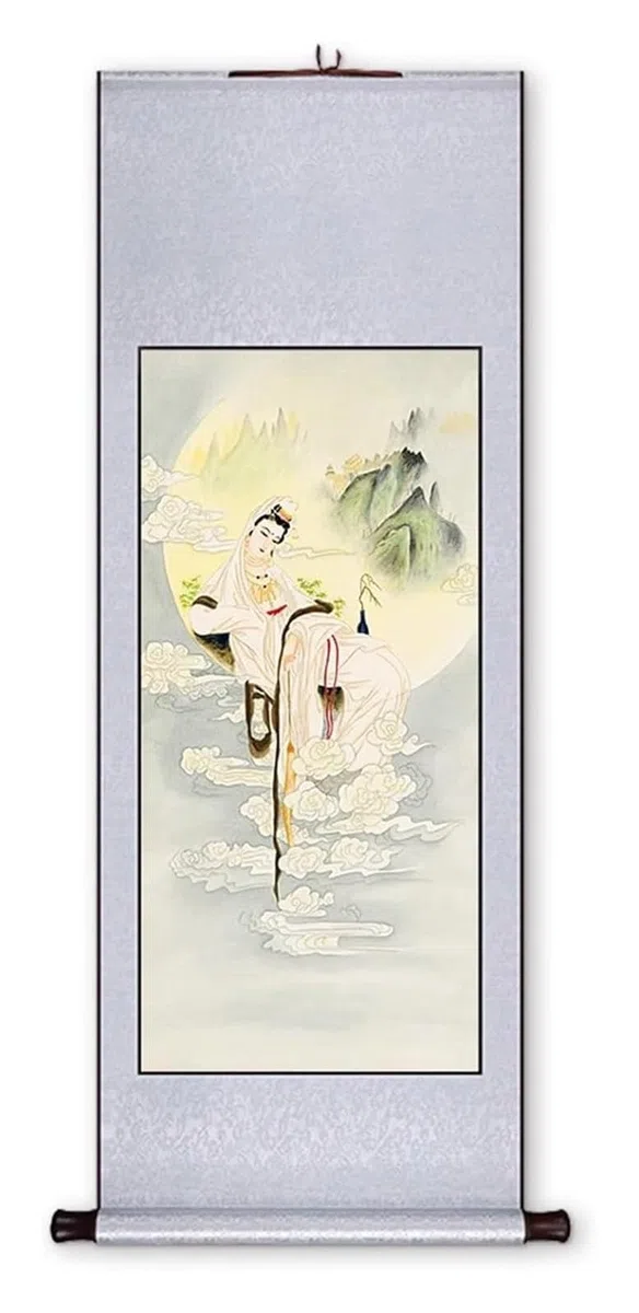 Pomyślny obraz zwoju Guanyin, starożytna chińska poza bóstwa, dekoracja muzeum Feng Shui, kolekcja prezentów urodzinowych(Silvergrey A,59L x 148W cm)