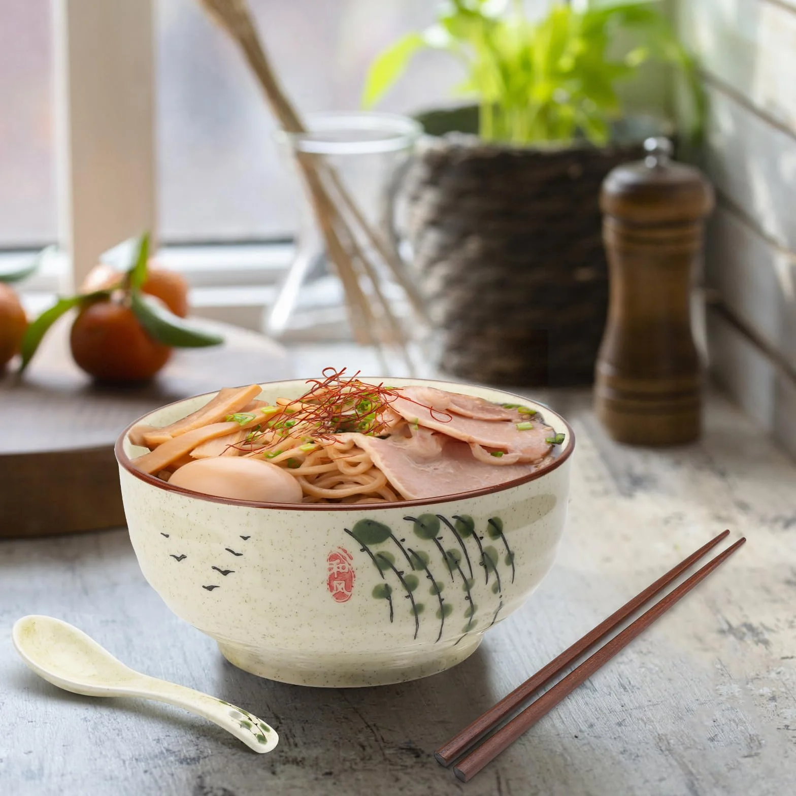 APOMOONS Ceramiczna miska do ramenu 580 ml z pałeczkami i łyżeczkami, japońska porcelanowa miska do zupy