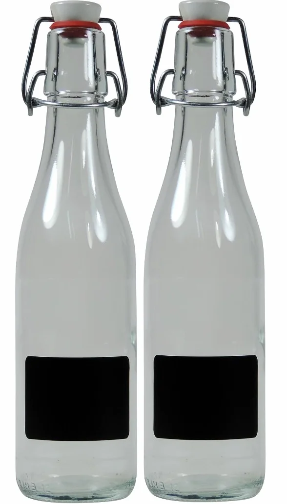 Viva Haushaltswaren - 2 x mała szklana butelka o pojemności 330 ml pusta z zamknięciem pałąkowym z porcelany do napełniania, jako przezroczysta butelka na sok i olej (w zestawie 2 etykiety)