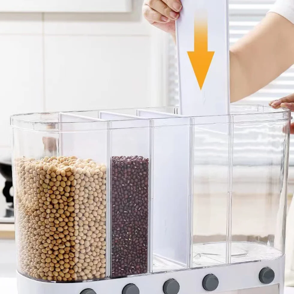 Dozownik suchej żywności, montowany na ścianie 5-siatkowy dozownik płatków śniadaniowych, dozownik ryżu 11,3 kg przechowywanie w kuchni z miarką