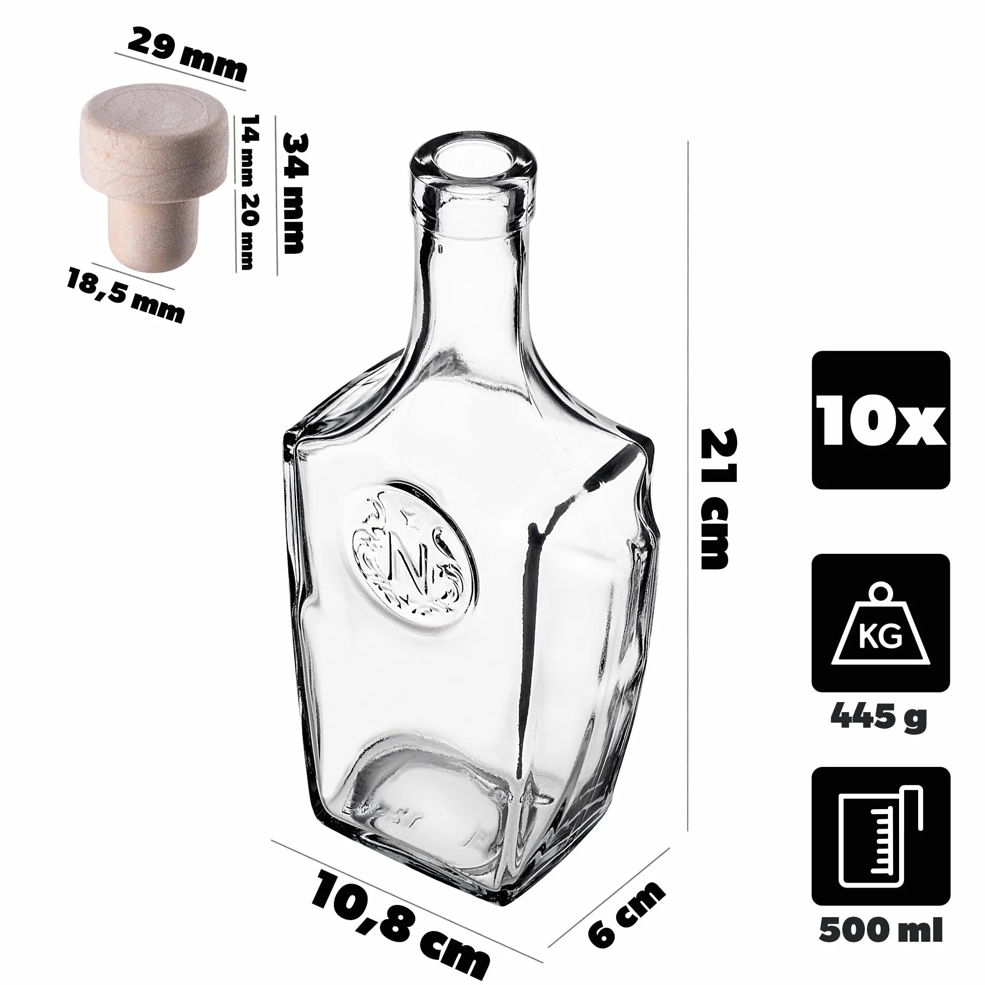 KADAX Zestaw 10 szt. Butelki szklane 500 ml z korkami szczelne wielokrotnego użytku do nalewek