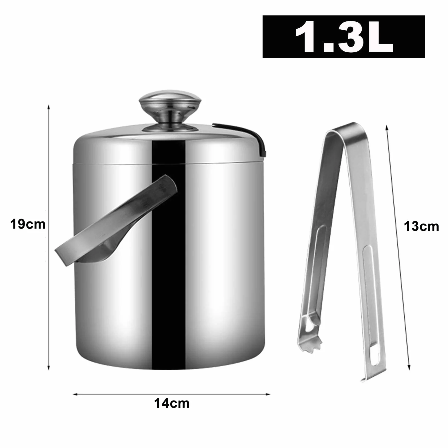 Pojemnik na lód ze stali nierdzewnej 1,3 l z pokrywką, szczypce i silikonowa forma do lodu