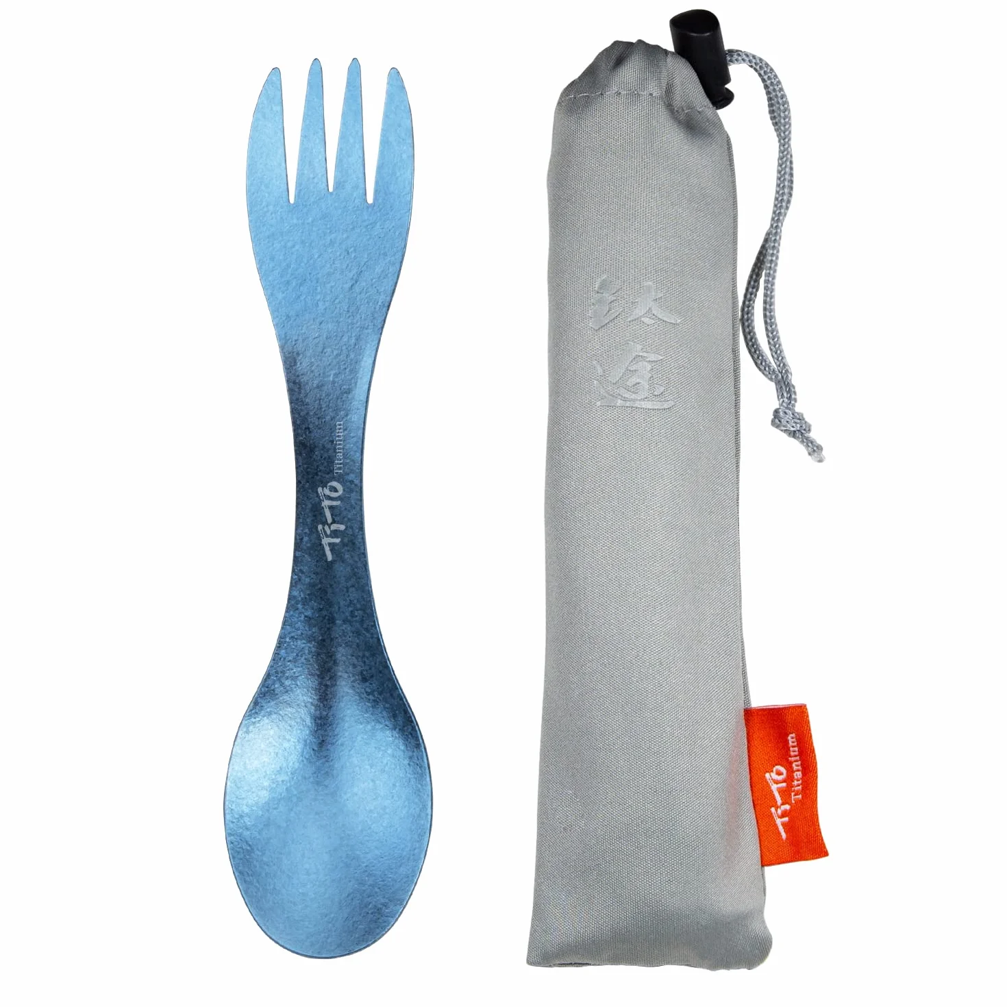 TiTo Titanium Spork Ultralekki łyżko-widelec 2 w 1, zastawa stołowa, na kemping, na świeżym powietrzu, do wędrówki z plecakiem, podróży, na piknik, z torebką, niebieski