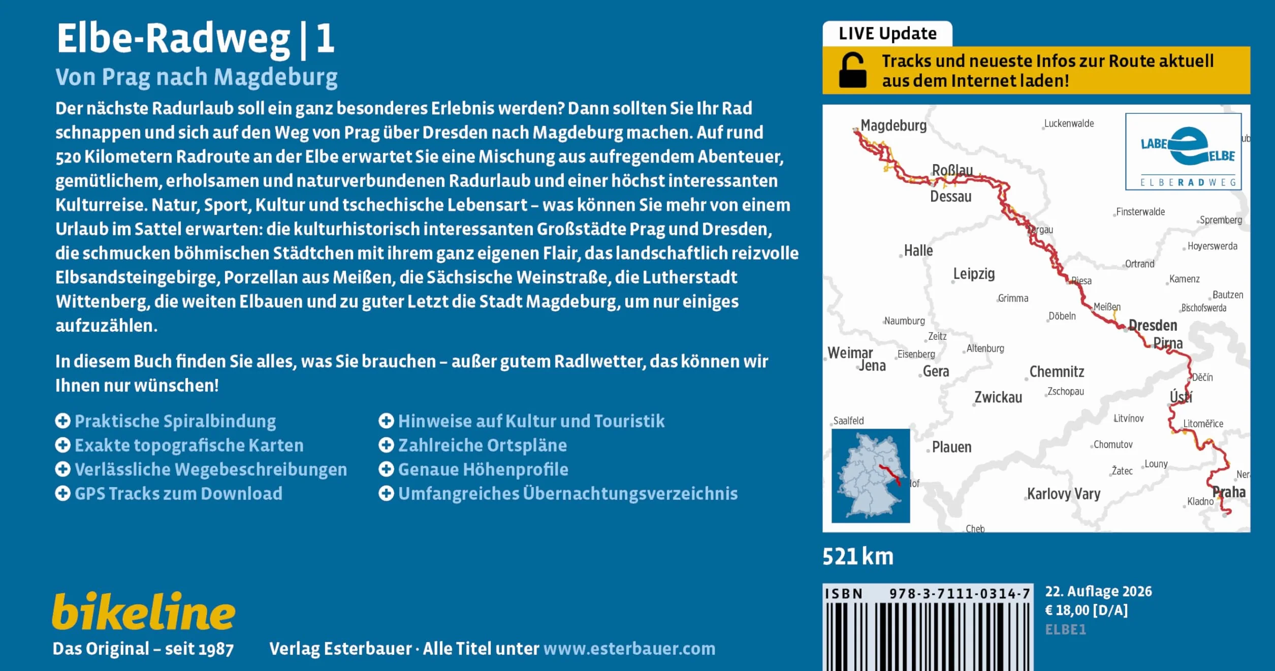 Elbe-Radweg / Elbe-Radweg 1: Von Prag nach Magdeburg, 1:75.000, 521 km, GPS-Tracks Download, LiveUpdate, Übernachtungsverzeichnis: TEIL 1