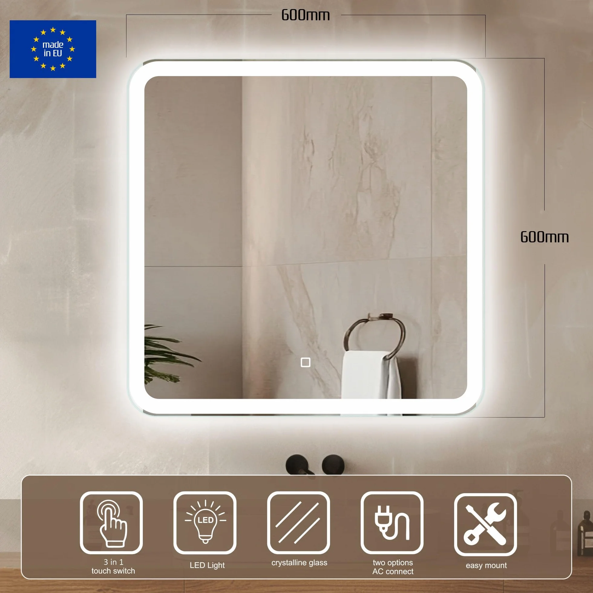 Venti Kwadratowe Lustro Łazienkowe LED 60x60cm, Lustro ścienne z oświetleniem LED, Naturalne Białe Światło, Zaokrąglone rogi, Podświetlane z przodu