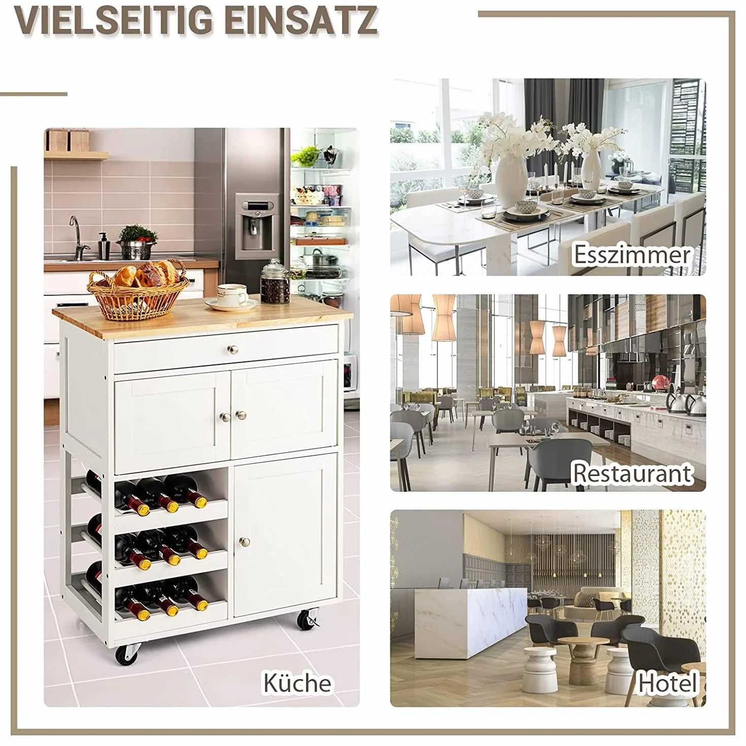 COSTWAY Wózek kuchenny 3-poziomowy z szufladami i stojakiem na wino biała drewniana wyspa kuchenna