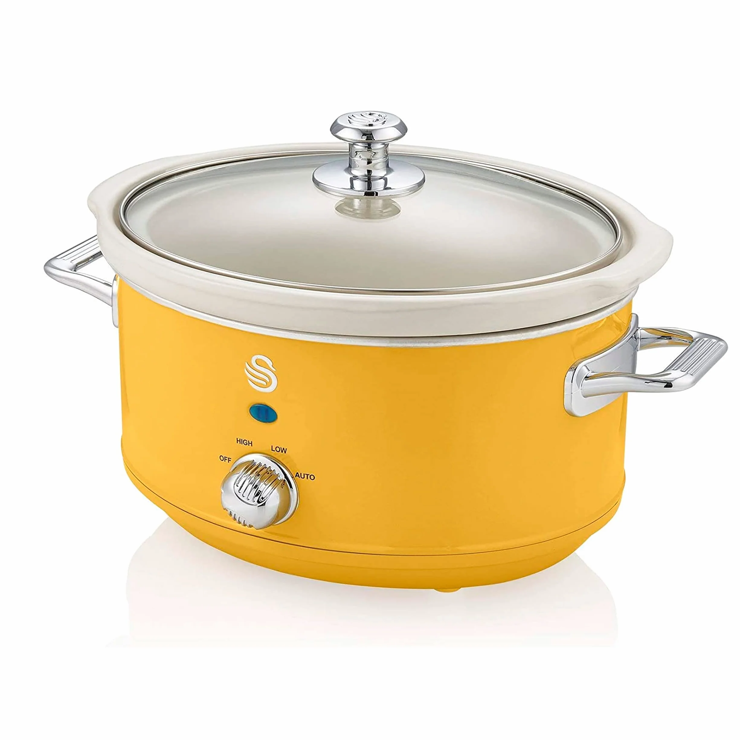 Swan Retro SF17021YELNEU Slow Cooker 3,5L wymienny pojemnik do gotowania, ceramiczny non-Stick PFOA i PTFE Free, 3 poziomy temperatury, szklana pokrywa, rocznik, żółty, 200W