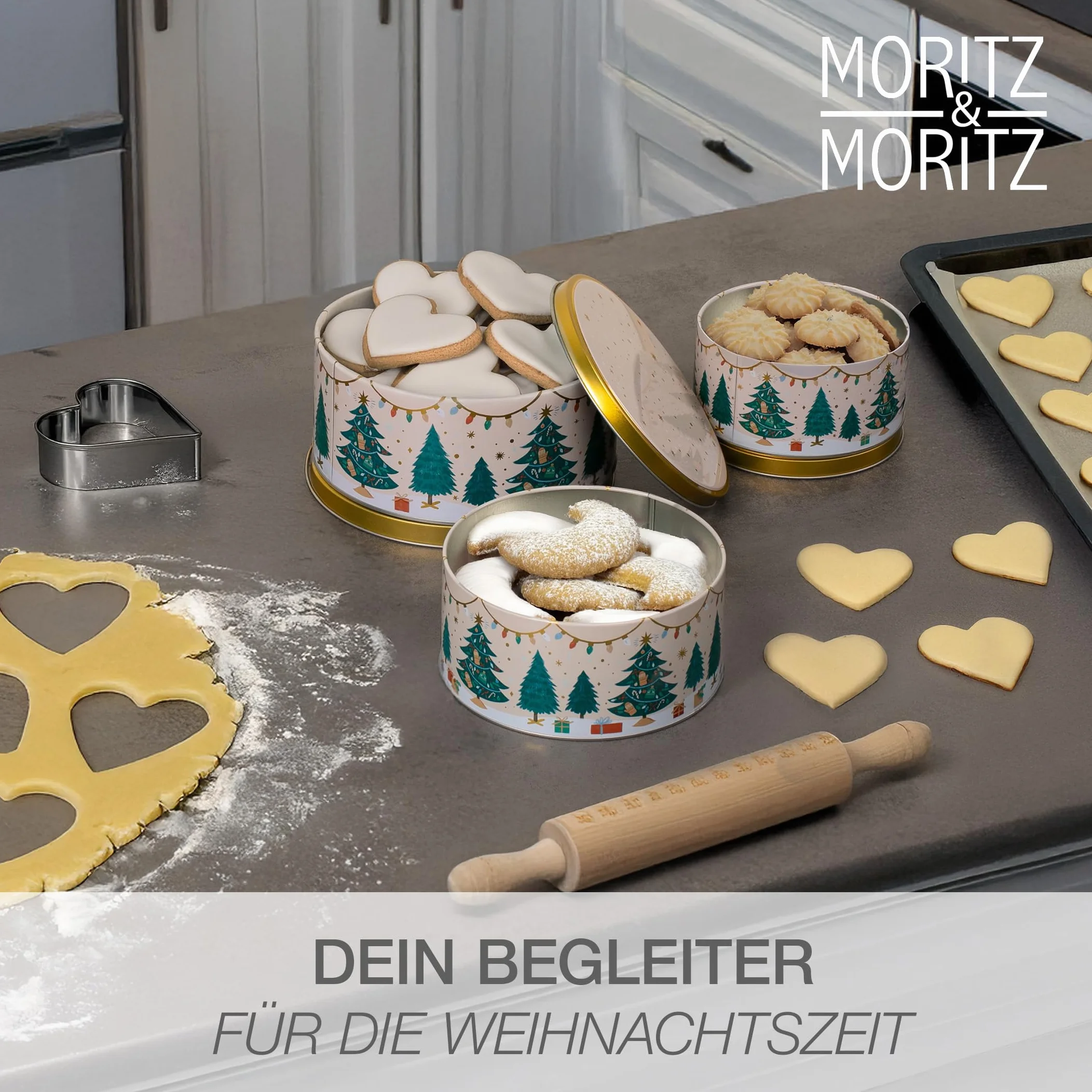 Moritz & Moritz Metalowa puszka na ciasteczka, na Boże Narodzenie, zestaw 3 sztuk, okrągła, blaszana puszka z pokrywką o świątecznym wzornictwie, pojemniki na ciasteczka, ciasteczka, wypieki i