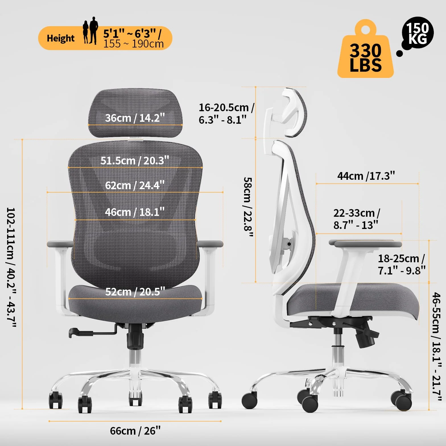 HOLLUDLE Ergonomiczne Krzesło Biurowe z Podparciem Lędźwiowym 3D Podłokietnikami 3D Białe