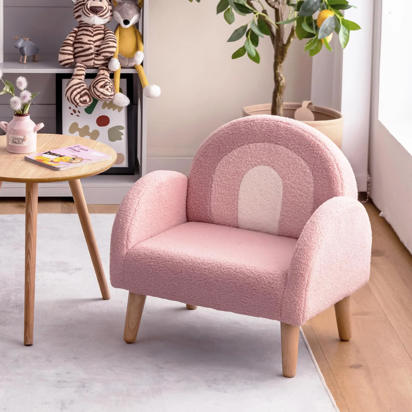 COSTWAY Krzesło dziecięce dla małych dzieci, wyściełana sofa dziecięca z nogami z litego drewna, kanapa dziecięca krzesło dziecięce do pokoju dziecięcego, pokoju zabaw i żłobka (krzesło sofa, różowe)