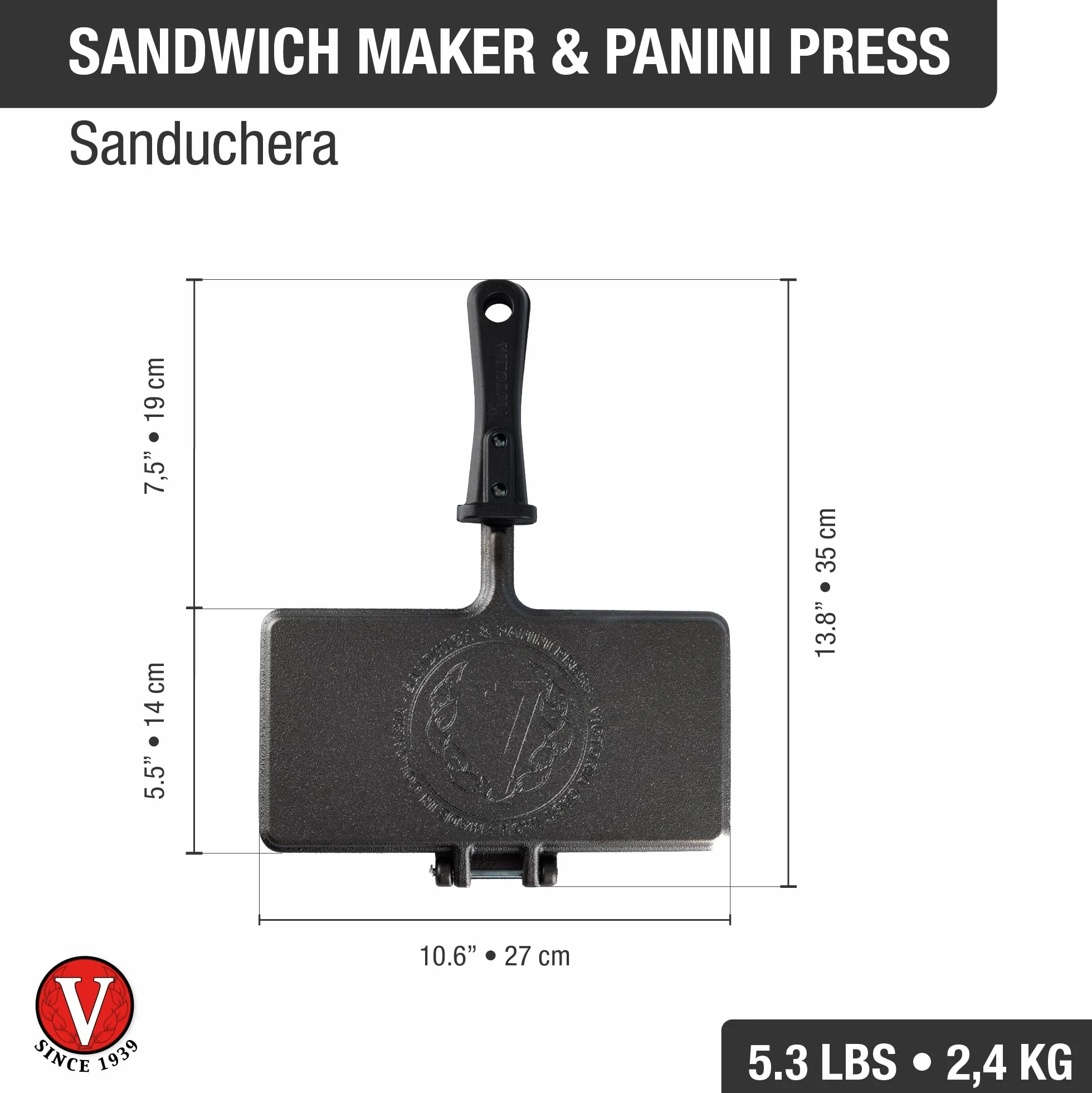 VICTORIA Opiekacz do kanapek żeliwny 27 x 14 cm, toster Panini Maker