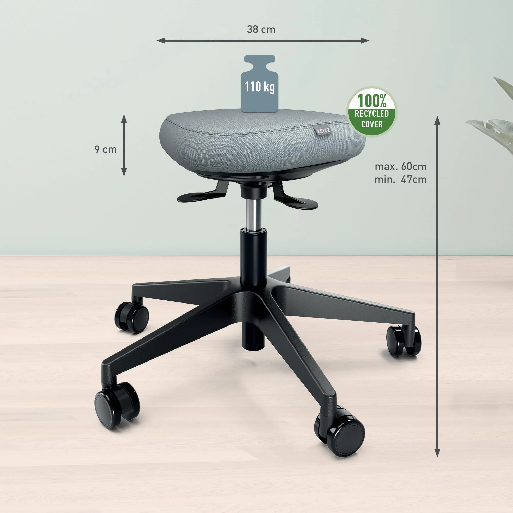 Leitz Ergo Active Stołek na Kółkach Ergonomiczny z Regulacją Wysokości 47-60cm Siedzisko z Poduszką Pianki Podwójnej Gęstości Czarny
