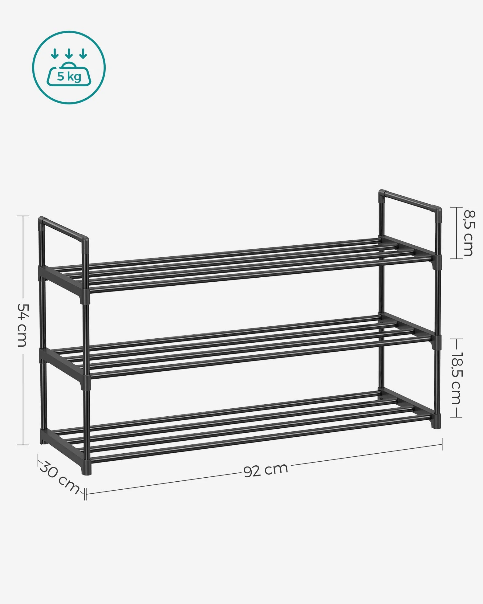SONGMICS Regał na buty z 3 poziomami, metalowy schowek na buty, do 15 par butów, organizer na buty do salonu, przedpokoju i garderoby, 92 x 30 x 54 cm, czarny LSA13BK