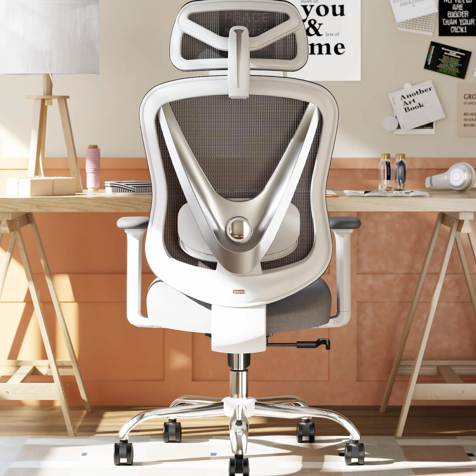 HOLLUDLE Ergonomiczne Krzesło Biurowe z Podparciem Lędźwiowym 3D Podłokietnikami 3D Białe