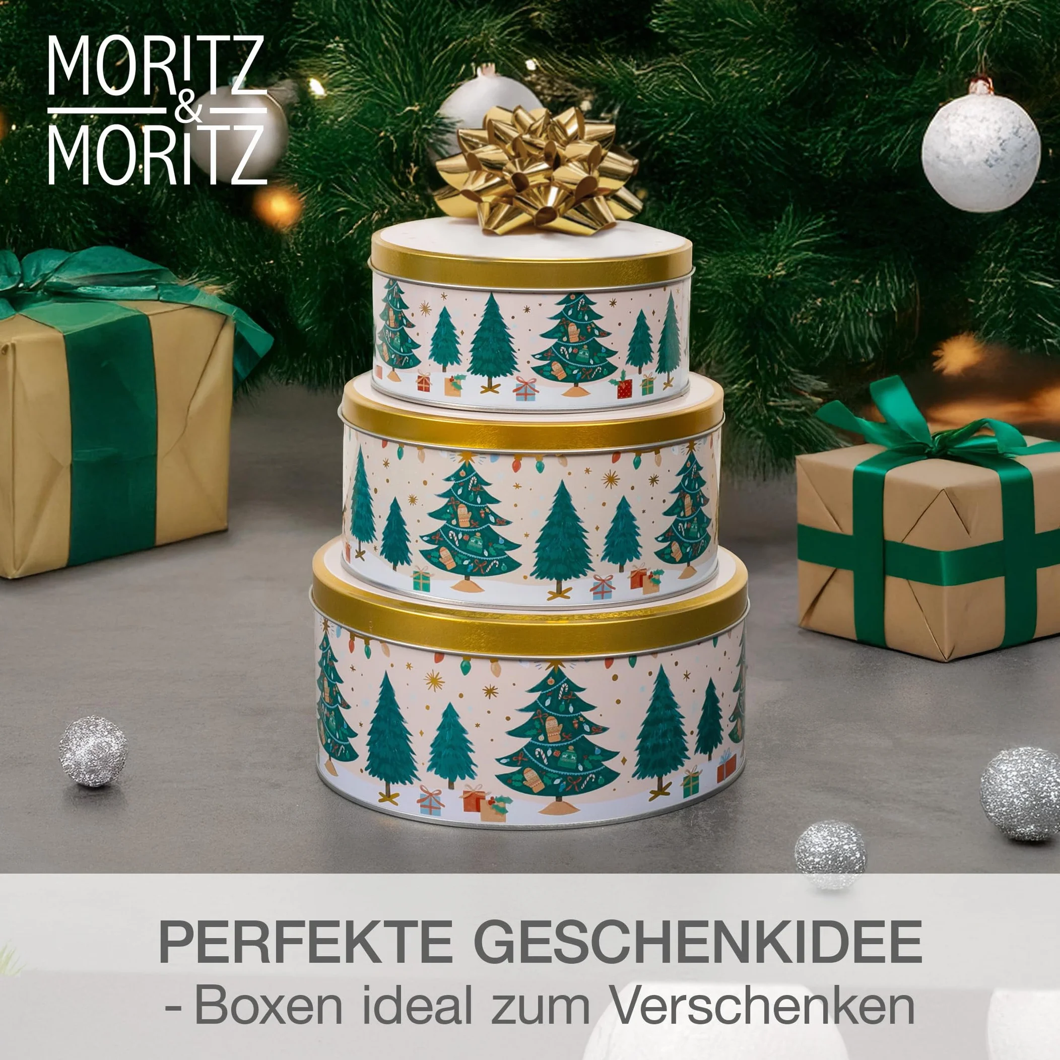 Moritz & Moritz Metalowa puszka na ciasteczka, na Boże Narodzenie, zestaw 3 sztuk, okrągła, blaszana puszka z pokrywką o świątecznym wzornictwie, pojemniki na ciasteczka, ciasteczka, wypieki i