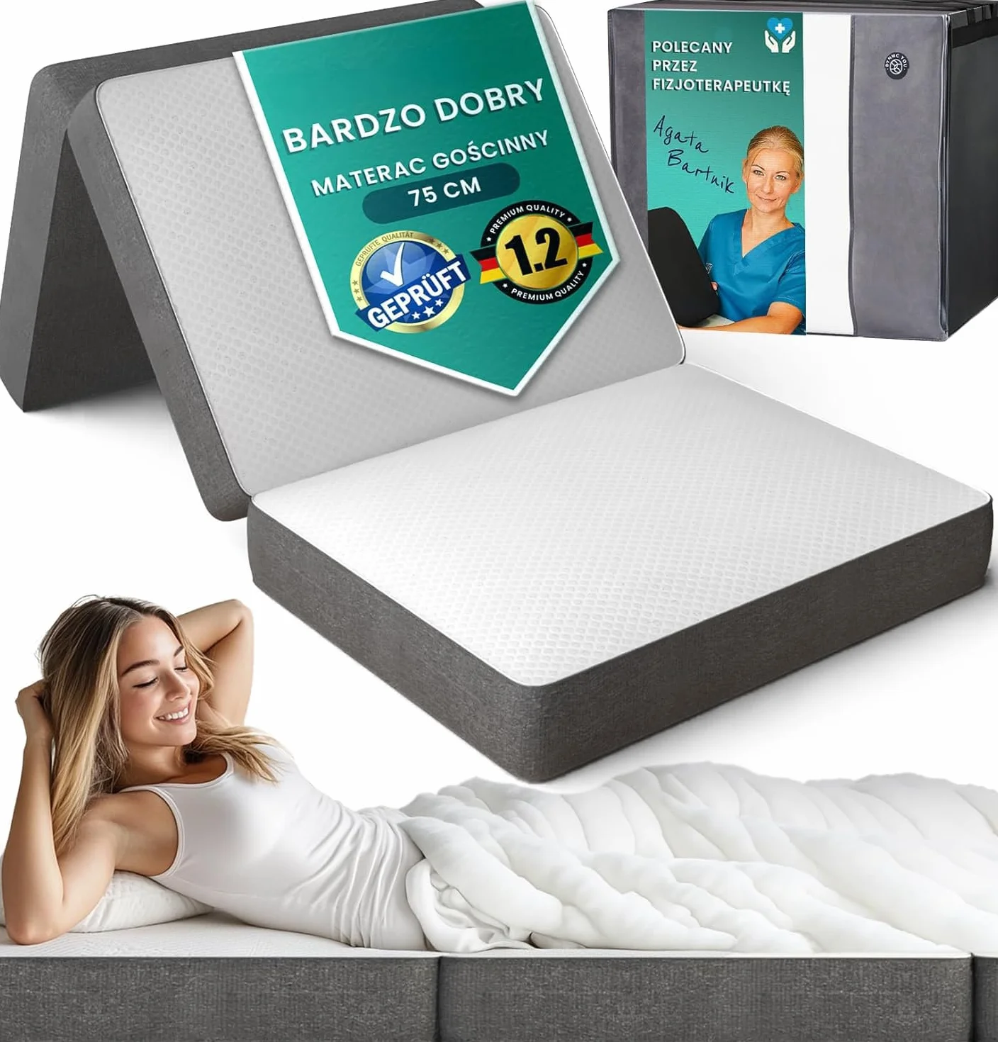 DYNMC rozkładana sofa łóżko dla gości 2- BARDZO DOBRY test - H3 średnio twardy materac składany - składany materac dla gości (Szary/Biały, Jednoosobowy)