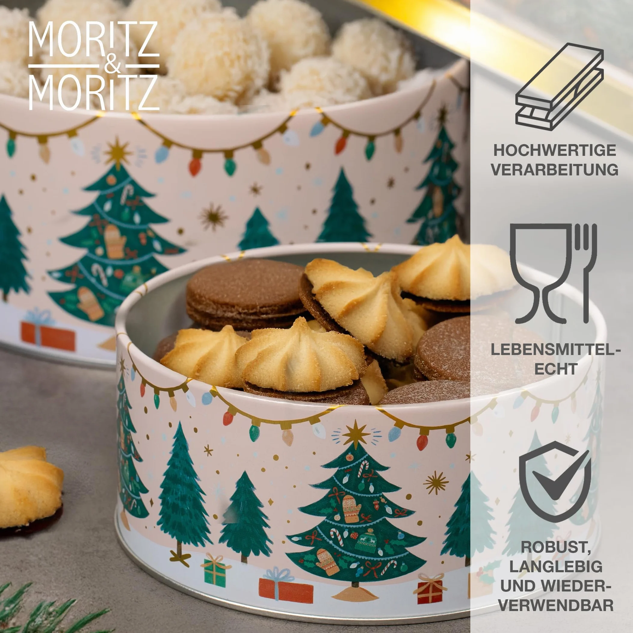 Moritz & Moritz Metalowa puszka na ciasteczka, na Boże Narodzenie, zestaw 3 sztuk, okrągła, blaszana puszka z pokrywką o świątecznym wzornictwie, pojemniki na ciasteczka, ciasteczka, wypieki i