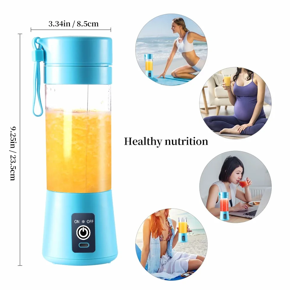 Przenośny blender, osobista wyciskarka do soku, ręczny mikser do owoców o pojemności 380 ml, ładowany przez USB, z 6 ostrzami Power Blender, podróżny, do smoothie i koktajli (niebieski)