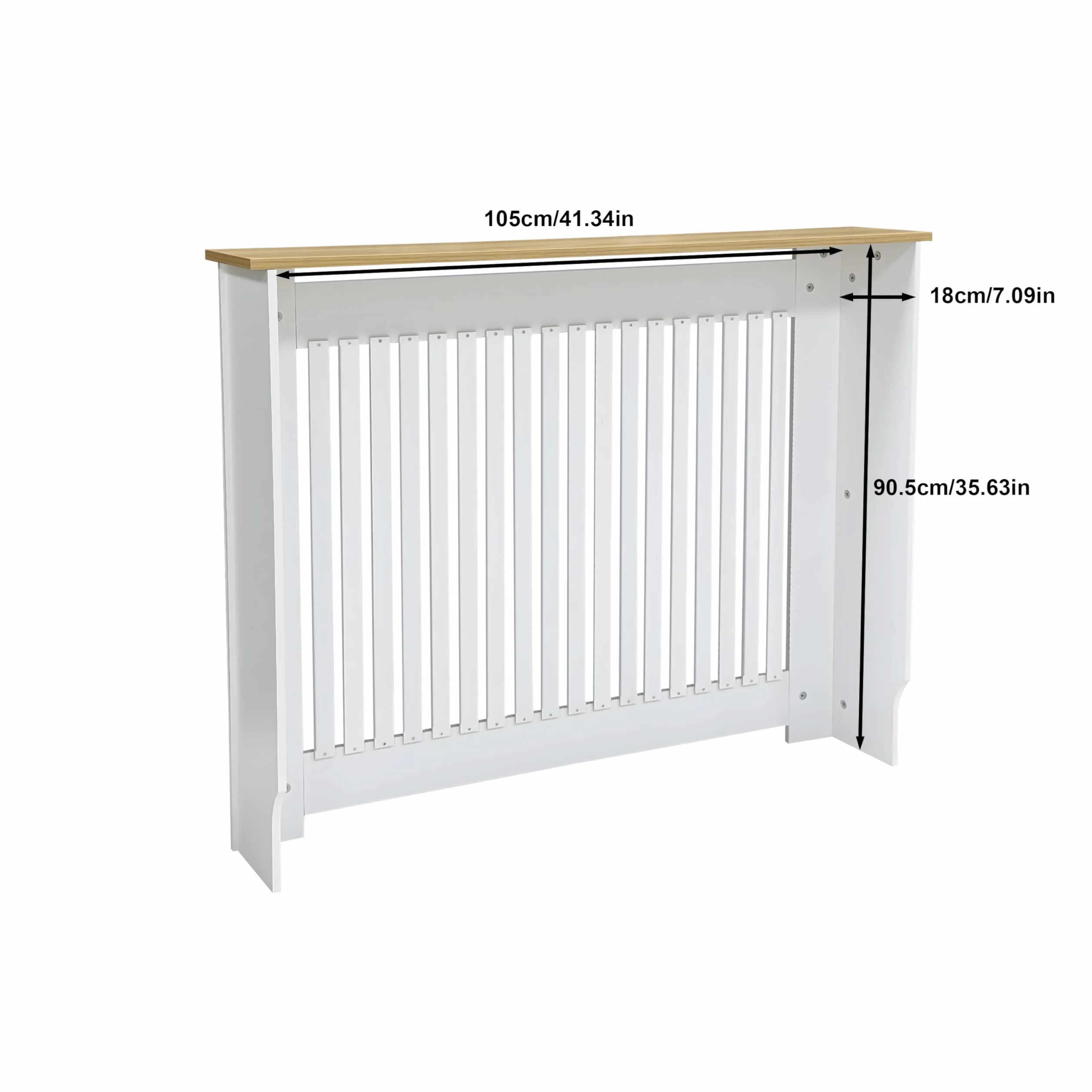 FATIVO Biała drewniana osłona chłodnicy nowoczesna pokrywa z listwami i górną półką designerska szafka do salonu sypialnia biuro - 105 x 18 x 90,5 cm