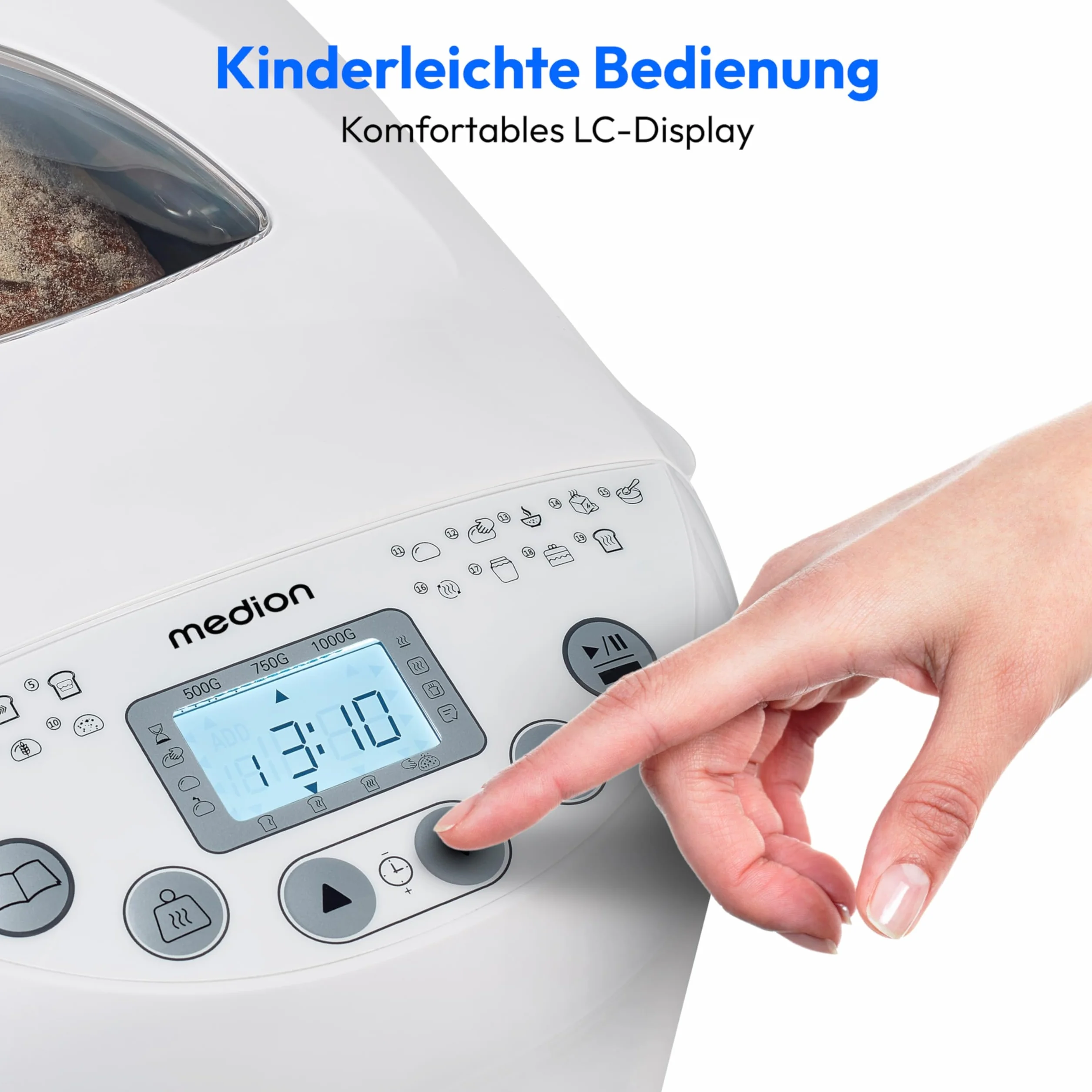 MEDION Wypiekacz do chleba (wypiekacz do chleba, 550 W, do 1000 g, 19 programów pieczenia, 3 stopnie brązowienia, funkcja utrzymywania ciepła, ustawienie czasowe MD 11011)