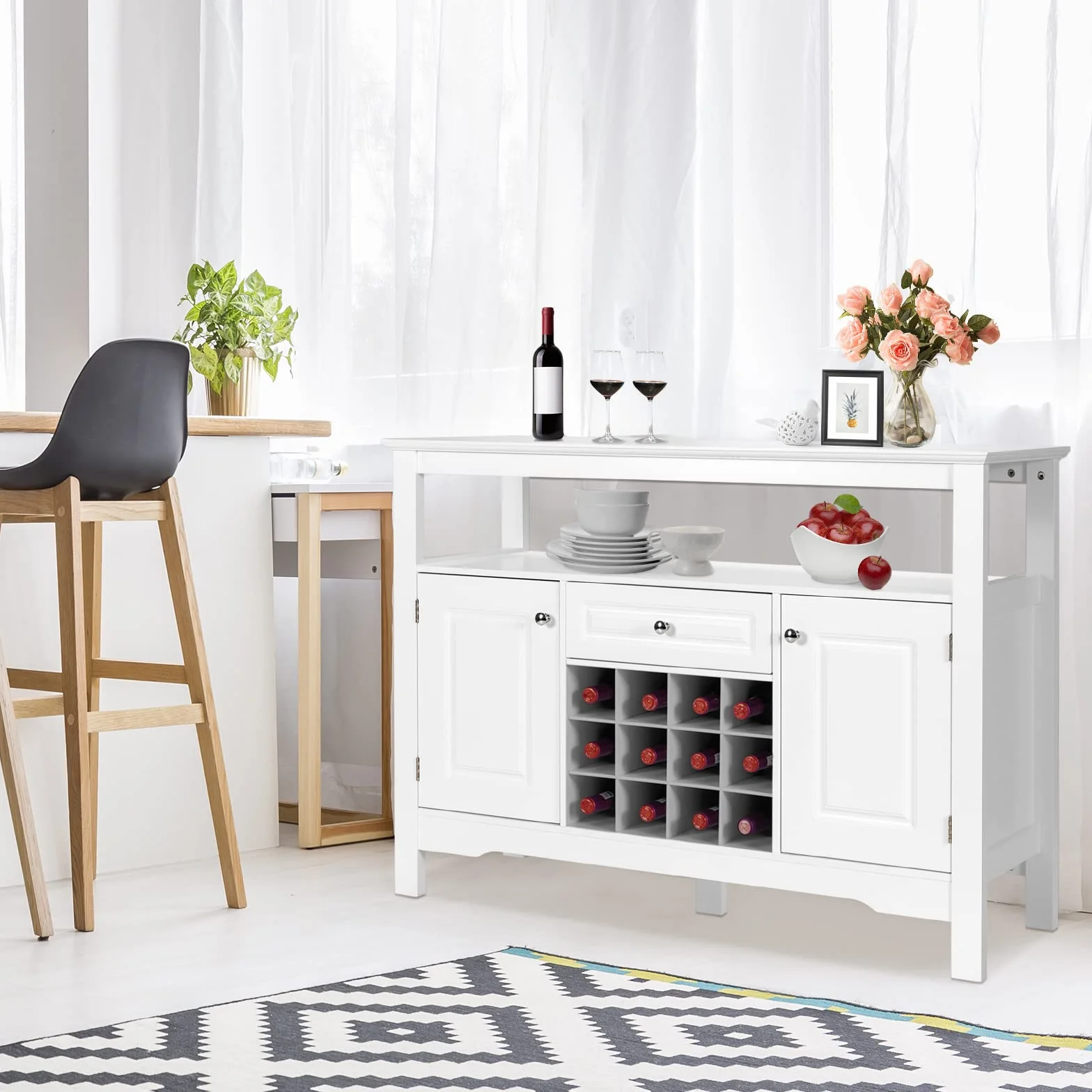 GOPLUS Kredens z Regałem na Wino Szafka Kuchenna 117x40,5x85,5 cm Biały